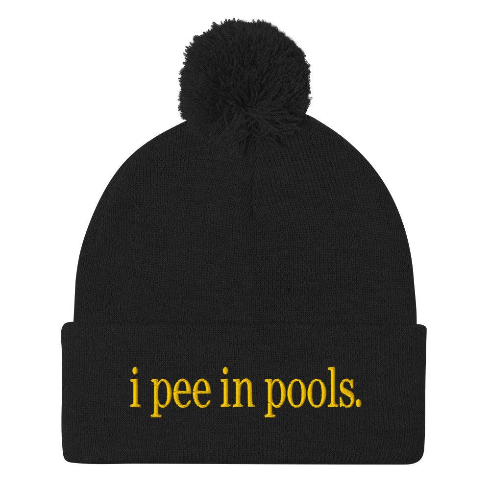 I Pee in Pools Embroidered Knit Pom Pom Beanie Black Beanies Capital Crowns Funny