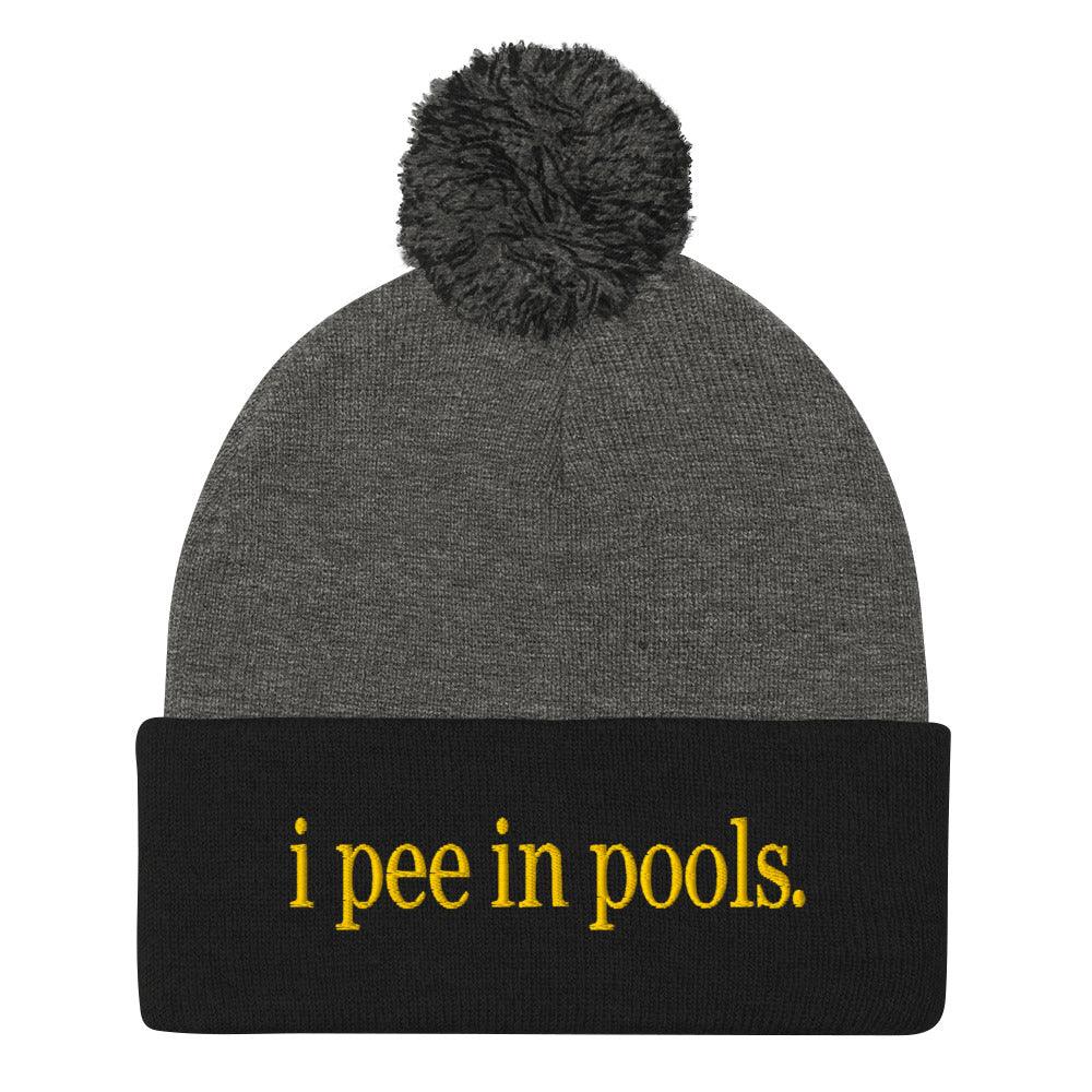 I Pee in Pools Embroidered Knit Pom Pom Beanie Dark Heather Grey Black Beanies Capital Crowns Funny