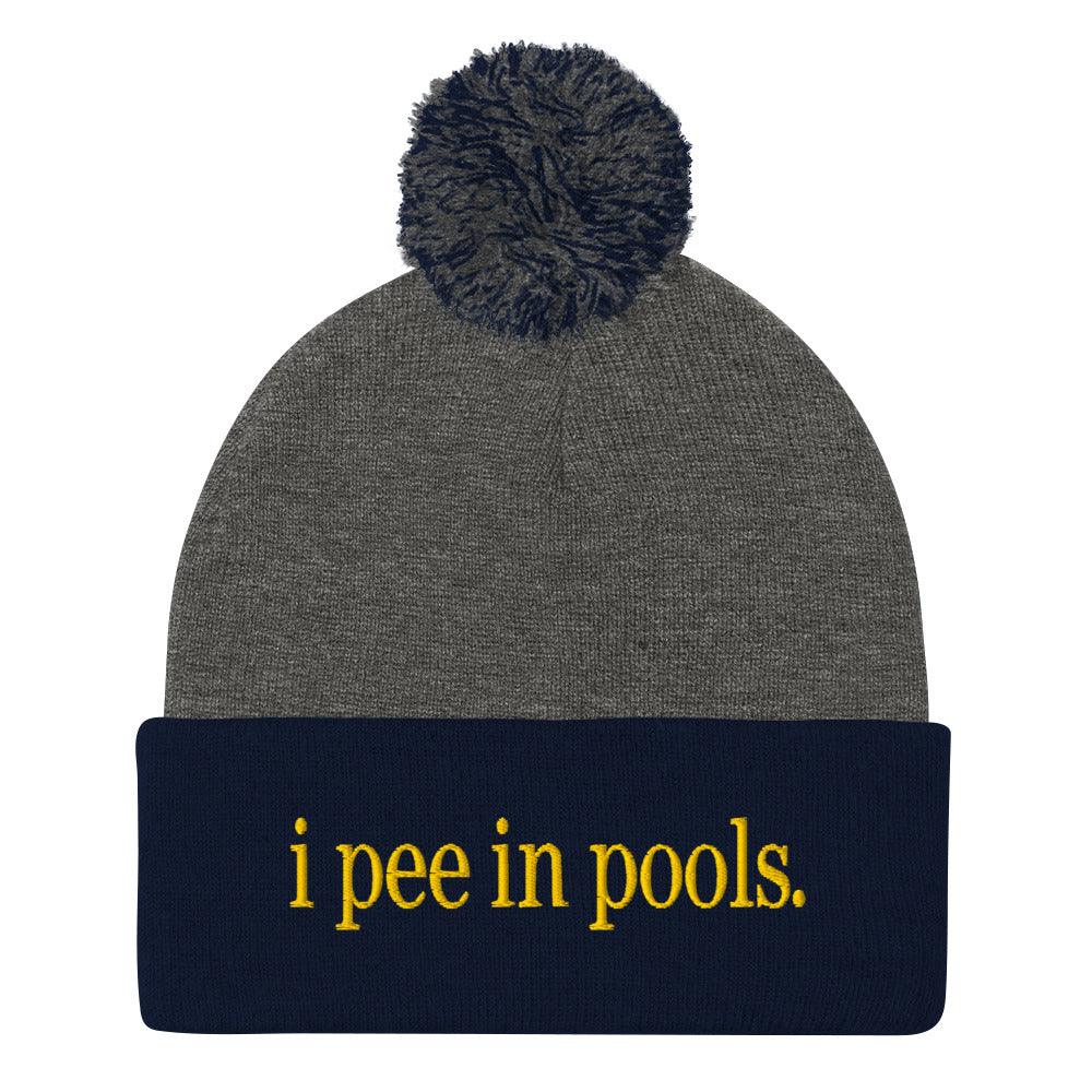 I Pee in Pools Embroidered Knit Pom Pom Beanie Dark Heather Grey Navy Beanies Capital Crowns Funny