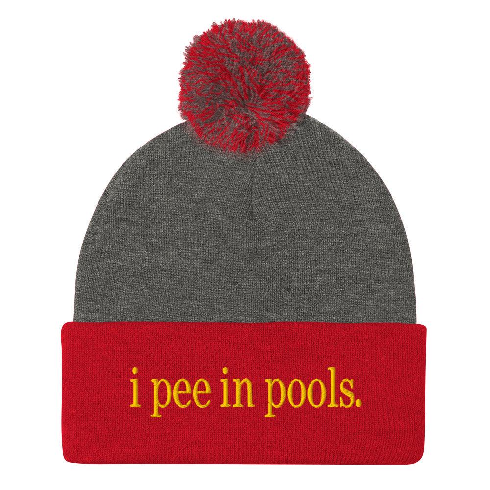 I Pee in Pools Embroidered Knit Pom Pom Beanie Dark Heather Grey Red Beanies Capital Crowns Funny