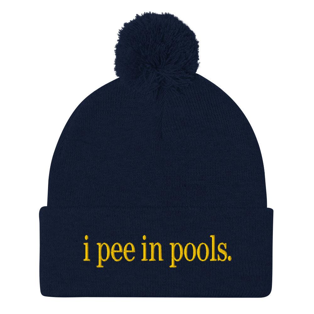 I Pee in Pools Embroidered Knit Pom Pom Beanie Navy Beanies Capital Crowns Funny
