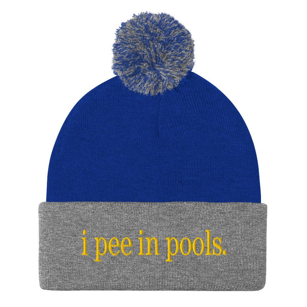 I Pee in Pools Embroidered Knit Pom Pom Beanie Royal Heather Grey Beanies Capital Crowns Funny