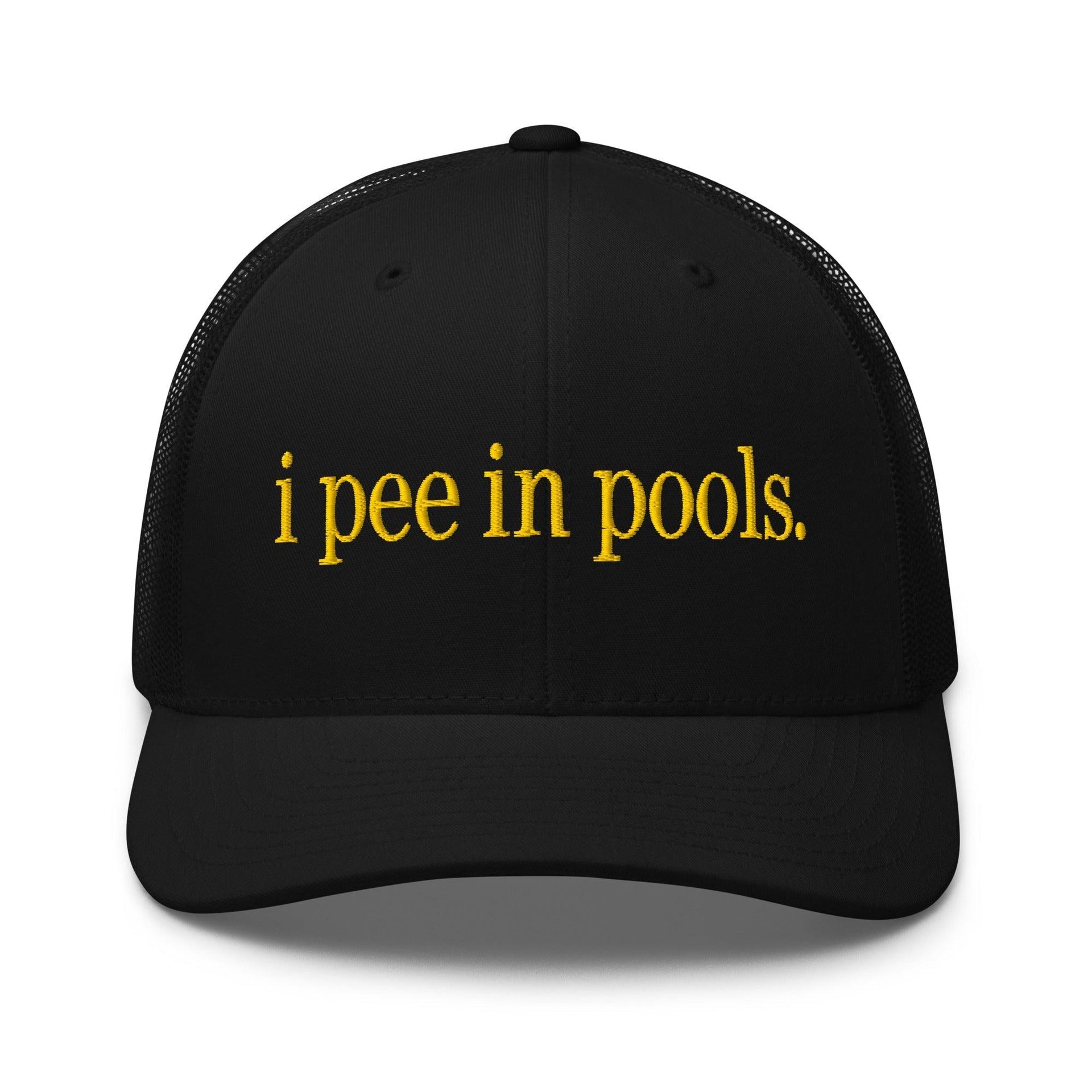 I Pee in Pools Embroidered Mesh Trucker Hat Black Capital Crowns Funny Trucker Hats