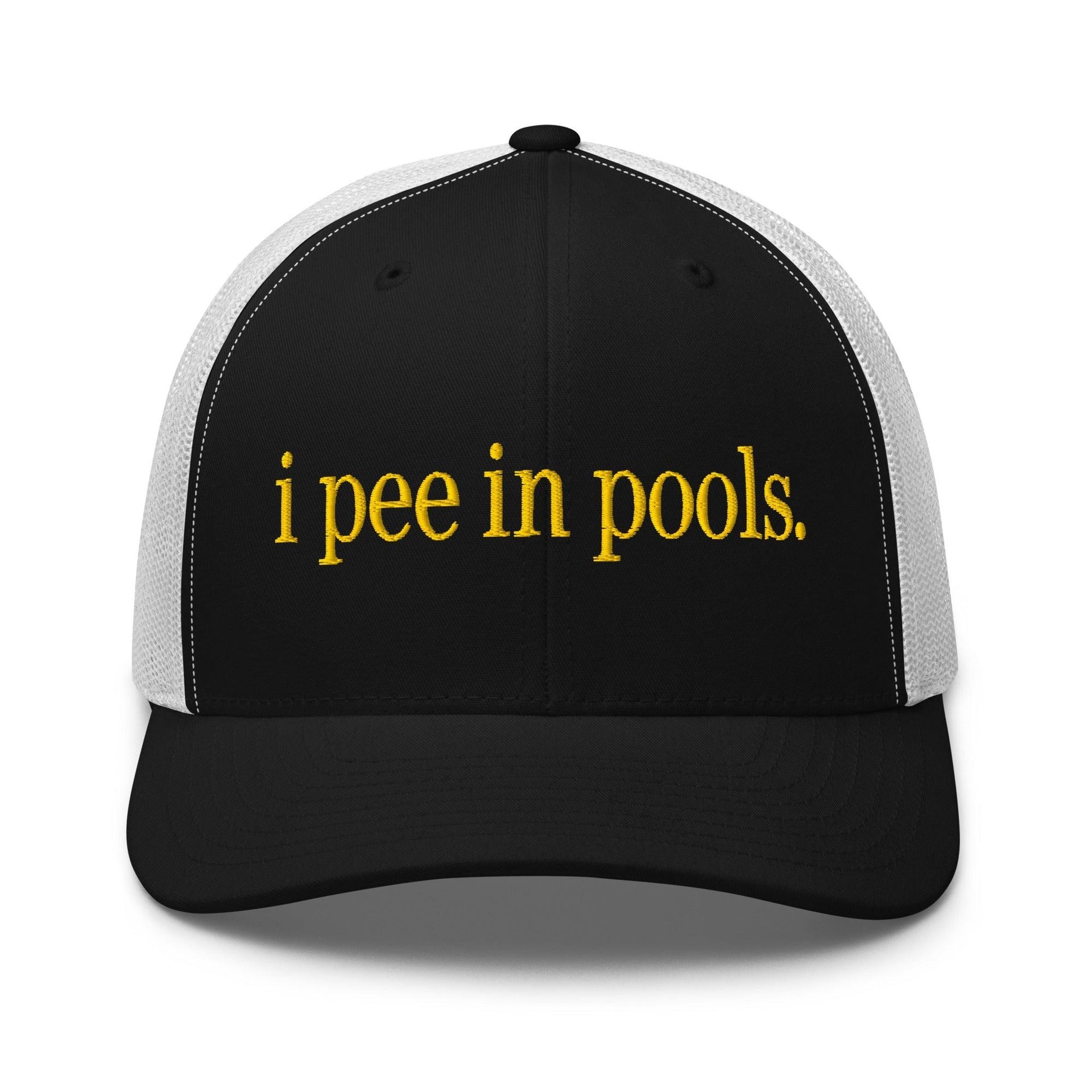 I Pee in Pools Embroidered Mesh Trucker Hat Black White Capital Crowns Funny Trucker Hats