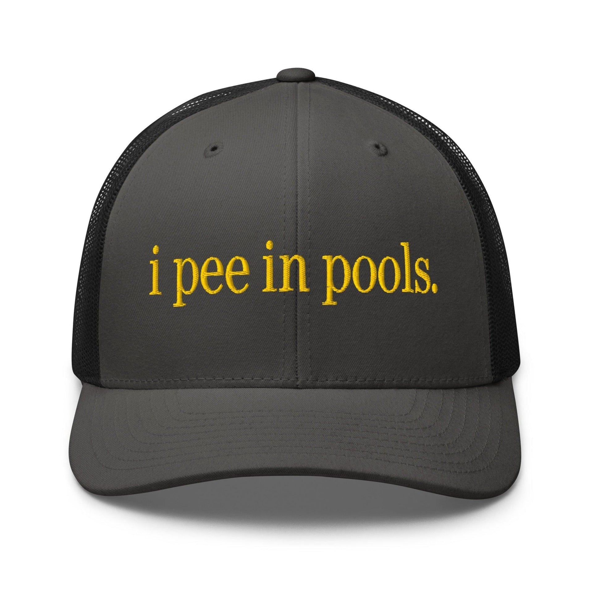 I Pee in Pools Embroidered Mesh Trucker Hat Charcoal Black Capital Crowns Funny Trucker Hats