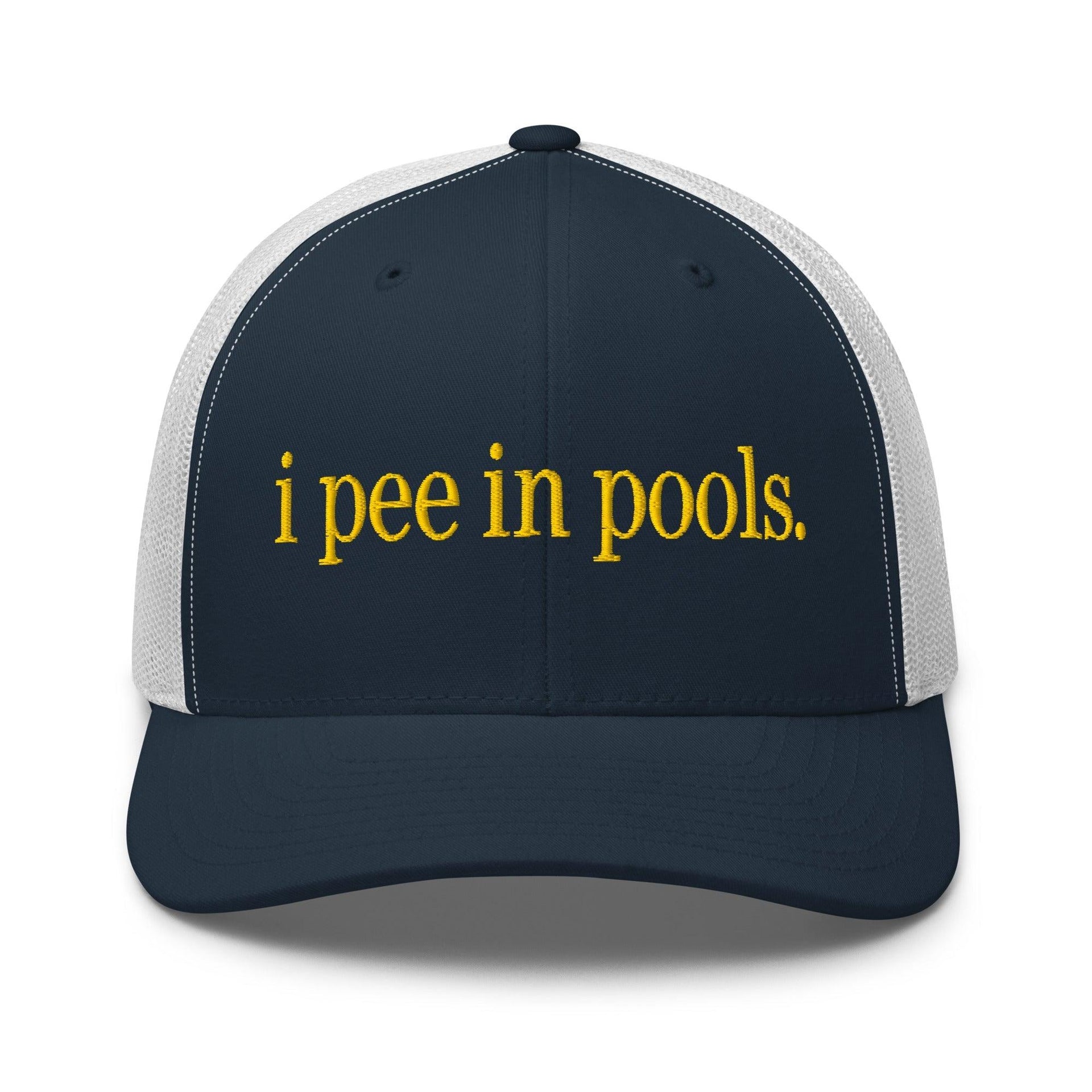 I Pee in Pools Embroidered Mesh Trucker Hat Navy White Capital Crowns Funny Trucker Hats