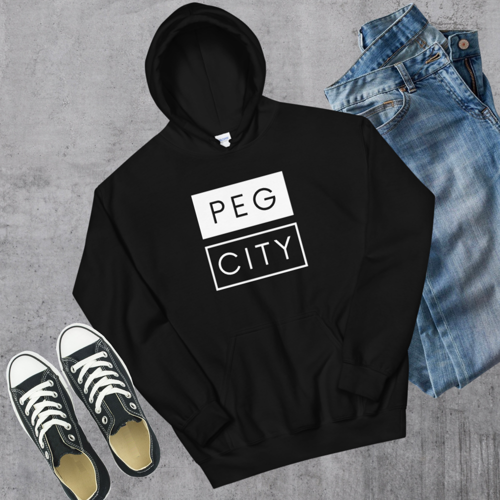 Peg City Hoodie Black Canadian City Apparel winnipeg