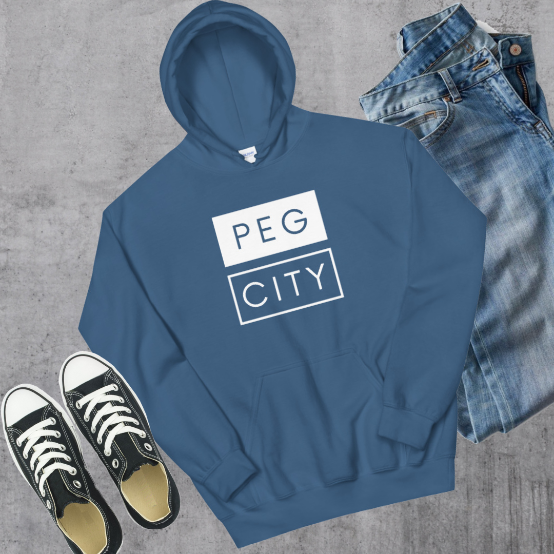Peg City Hoodie Indigo Blue Canadian City Apparel winnipeg