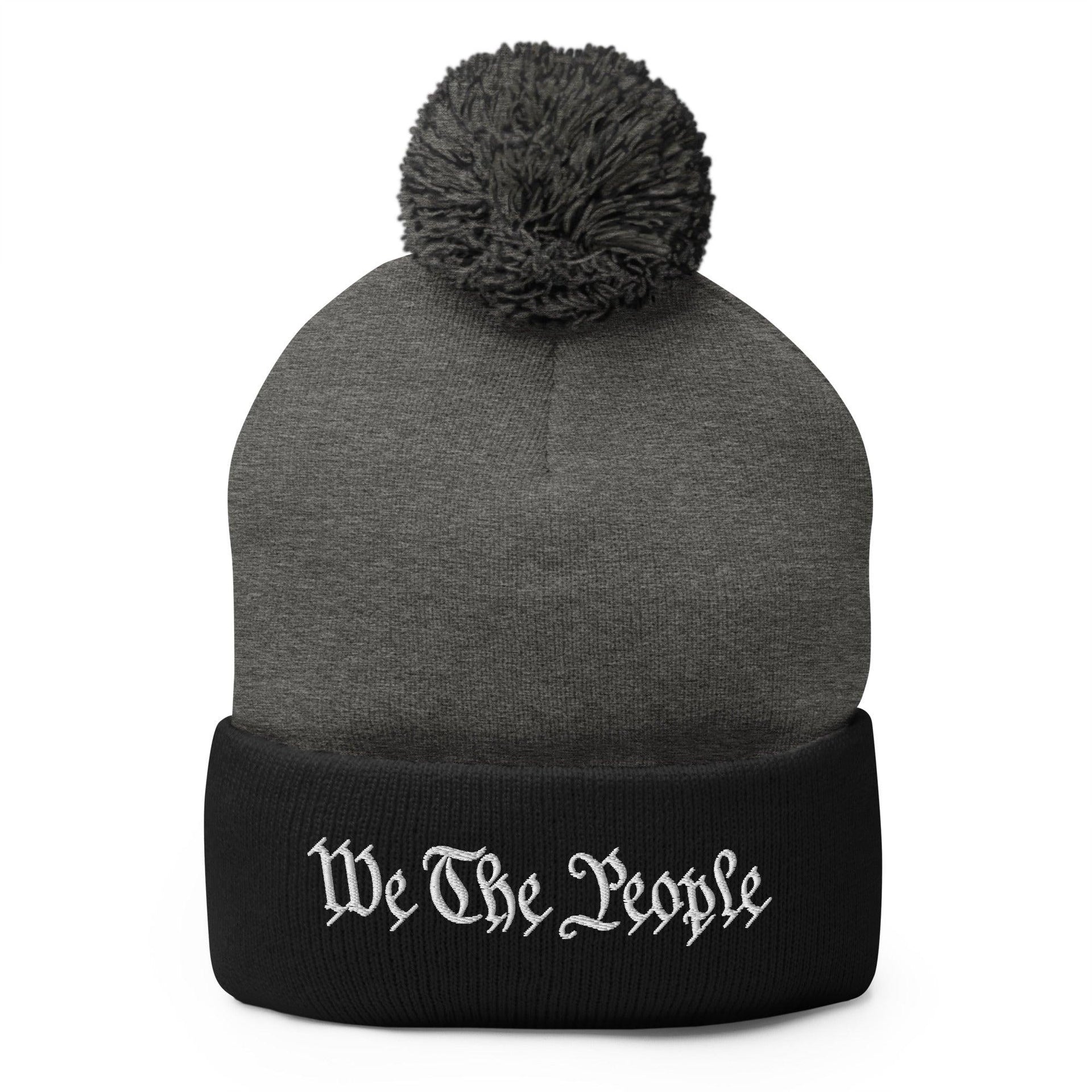We The People Embroidered Knit Pom Pom Beanie Dark Heather Grey Black Beanies Capital Crowns Conservative