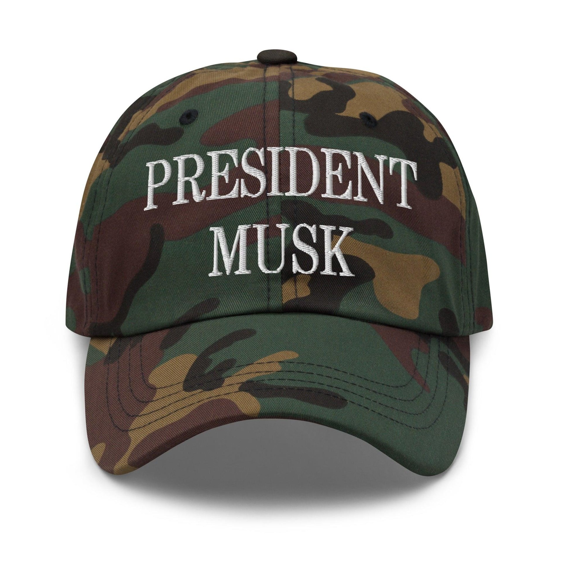 President Musk Embroidered Dad Hat Green Camo Capital Crowns Conservative Dad Hats