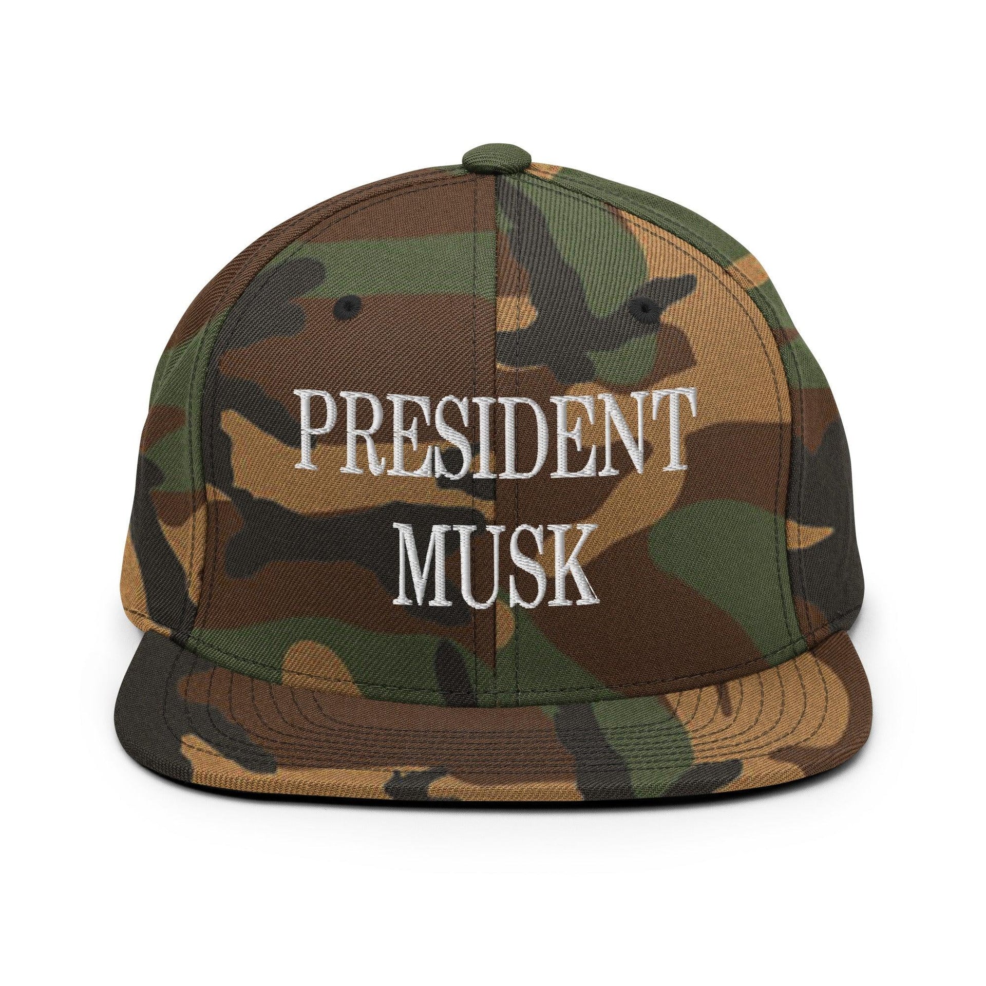 President Musk Embroidered Flat Bill Brim Snapback Hat Green Camo Capital Crowns Conservative Snapback Hats