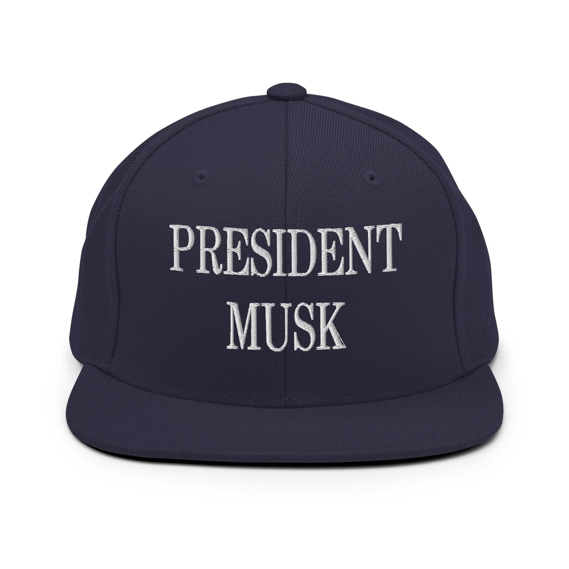 President Musk Embroidered Flat Bill Brim Snapback Hat Navy Capital Crowns Conservative Snapback Hats