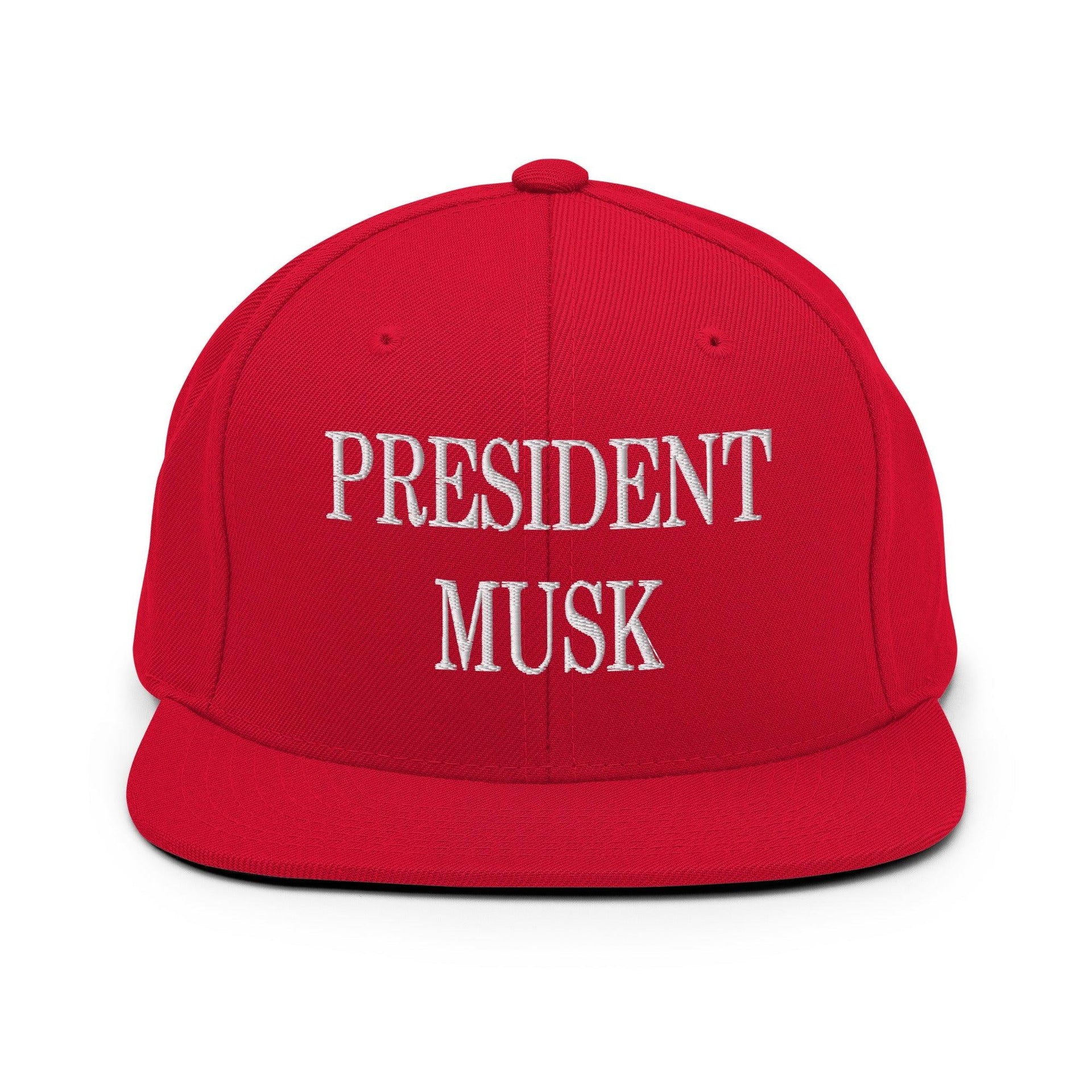 President Musk Embroidered Flat Bill Brim Snapback Hat Red Capital Crowns Conservative Snapback Hats