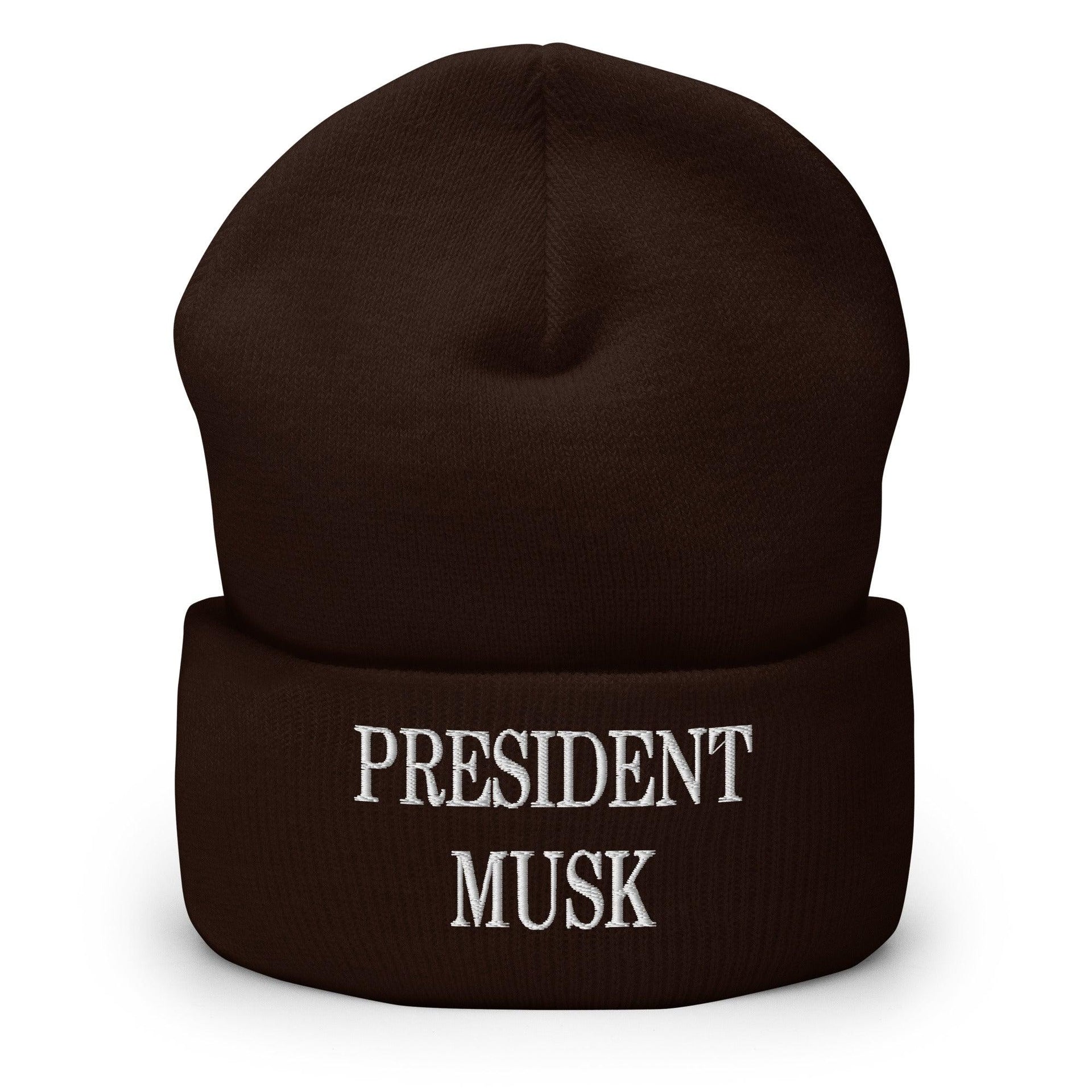 President Musk Embroidered Knit Cuffed Beanie Brown Beanies Capital Crowns Conservative