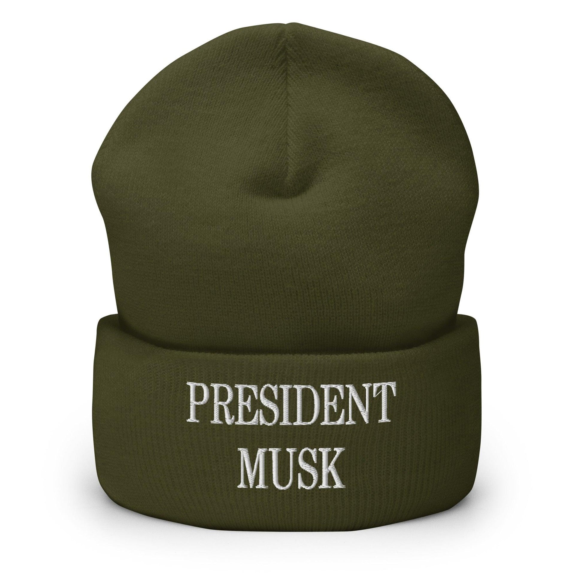 President Musk Embroidered Knit Cuffed Beanie Olive Beanies Capital Crowns Conservative