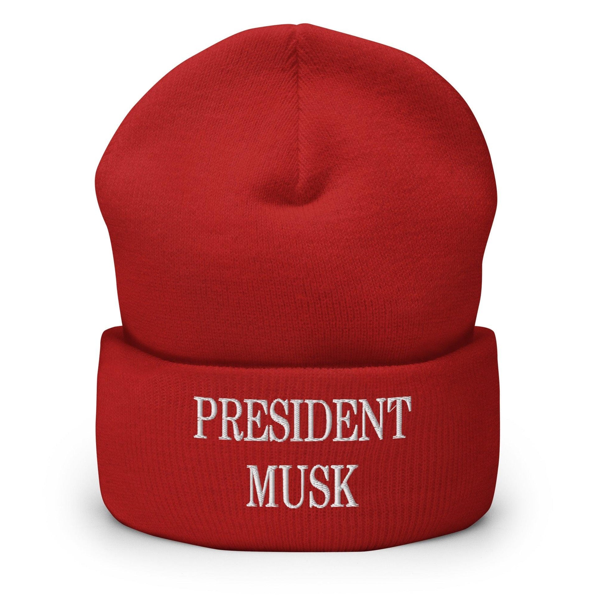 President Musk Embroidered Knit Cuffed Beanie Red Beanies Capital Crowns Conservative