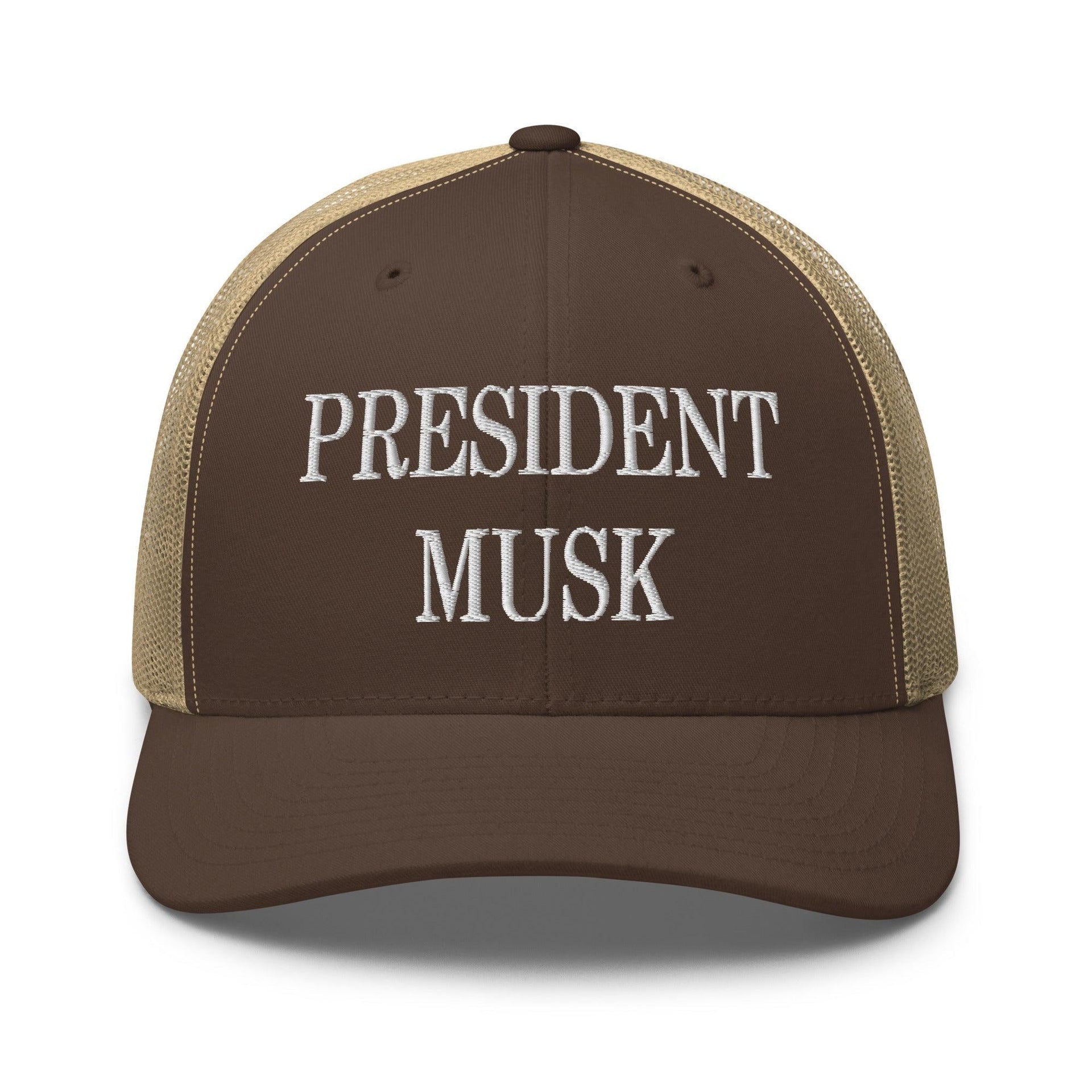 President Musk Embroidered Mesh Trucker Hat Brown Khaki Capital Crowns Conservative Trucker Hats