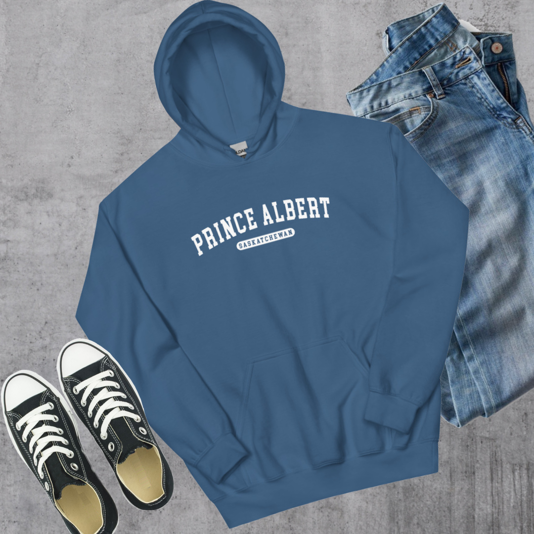 Prince Albert SK College Hoodie - Comfort and Style for Students Indigo Blue Comfortable College Hoodie Prince Albert Apparel Prince Albert SK College Hoodie Stylish Student Hoodie
