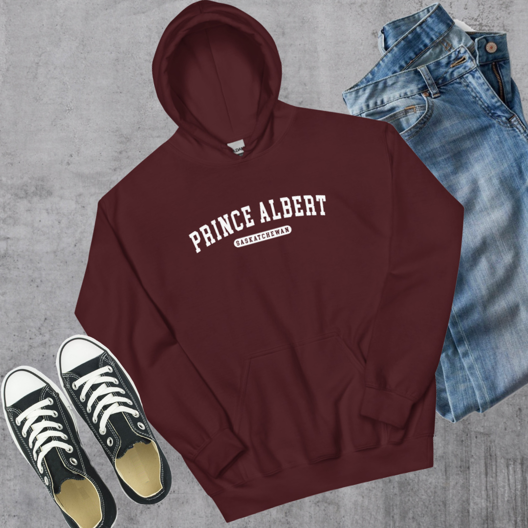Prince Albert SK College Hoodie - Comfort and Style for Students Maroon Comfortable College Hoodie Prince Albert Apparel Prince Albert SK College Hoodie Stylish Student Hoodie