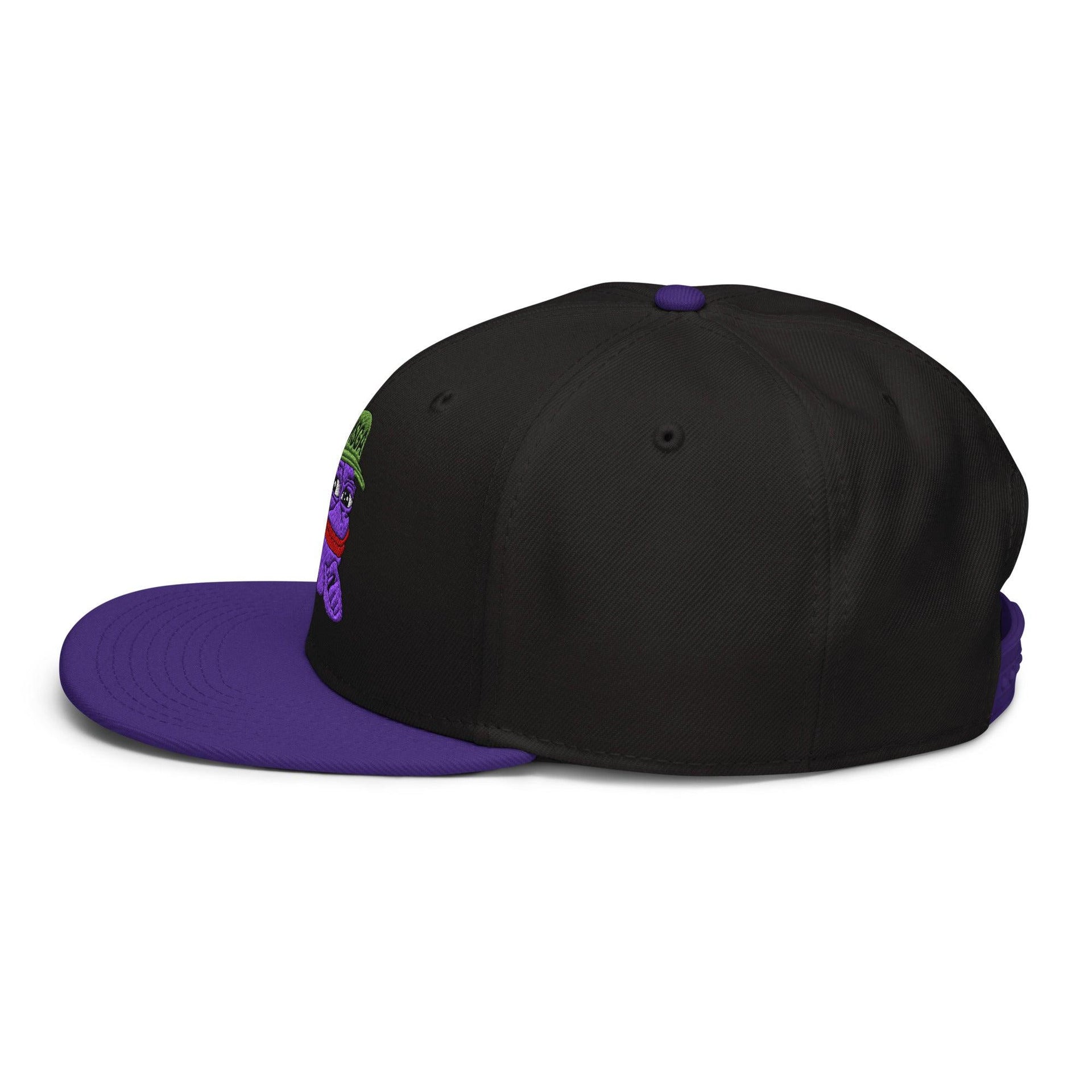$PURPE Purple Pepe Embroidered Flat Bill Brim Snapback Hat Capital Crowns Crypto Funny Snapback Hats