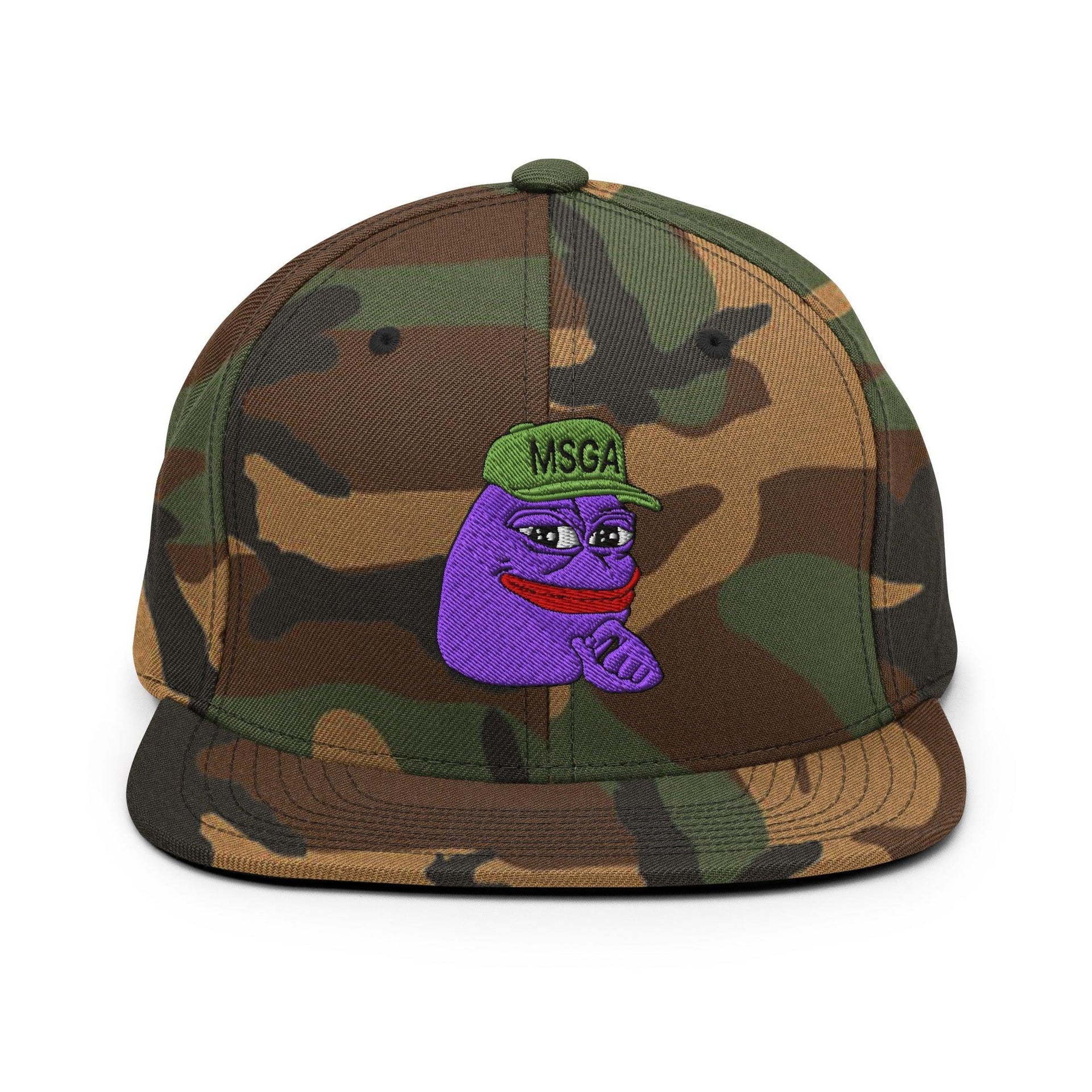 $PURPE Purple Pepe Embroidered Flat Brim Bill Snapback Hat Green Camo Capital Crowns Crypto Funny Snapback Hats