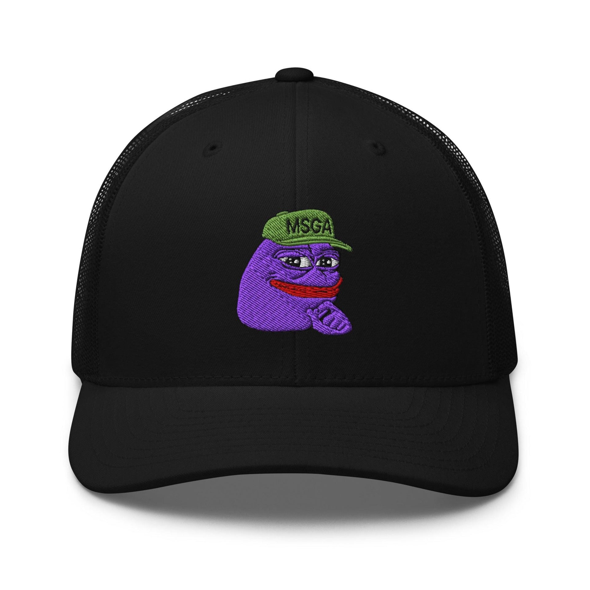 $PURPE Purple Pepe Embroidered Mesh Trucker Hat Black Capital Crowns Crypto Funny Trucker Hats