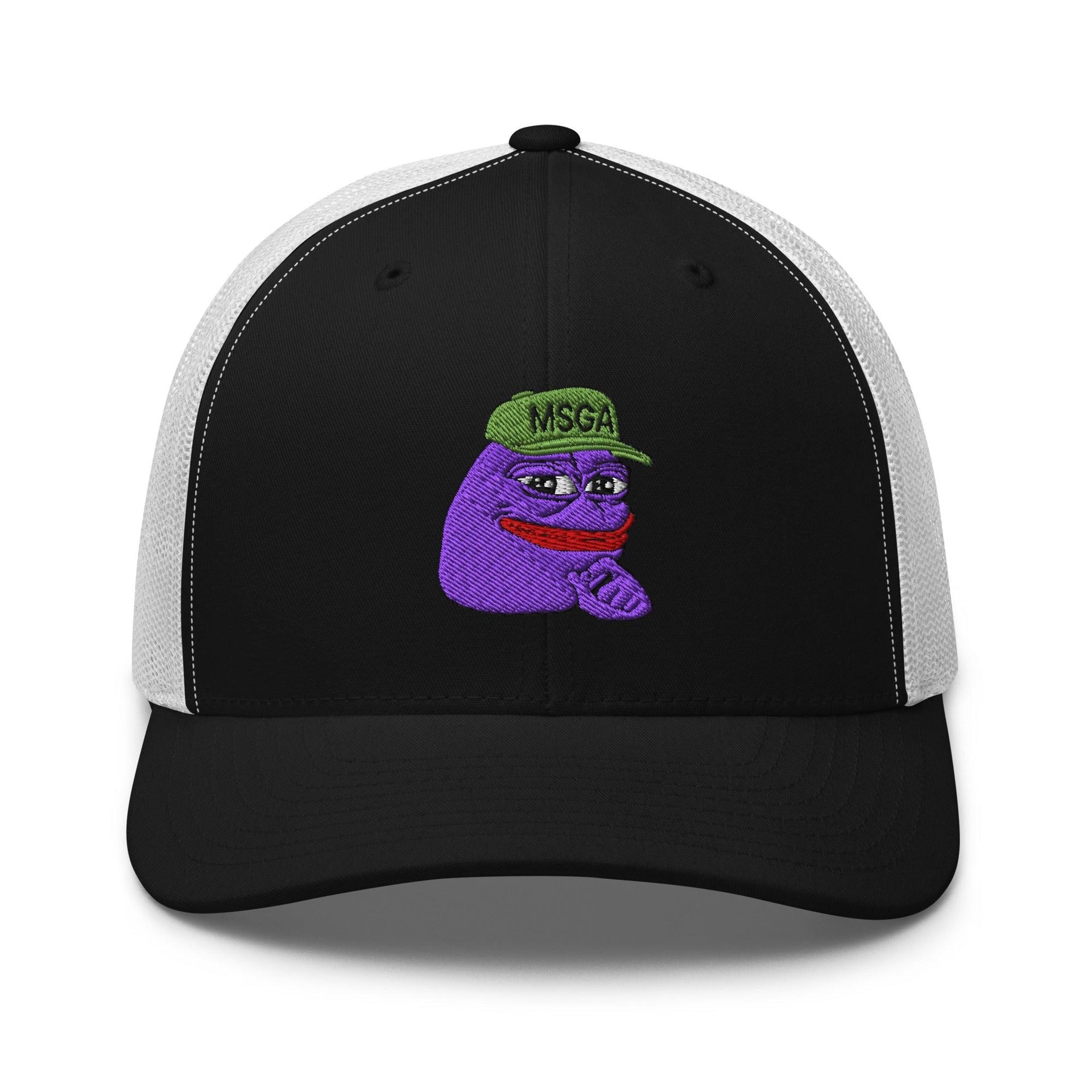 $PURPE Purple Pepe Embroidered Mesh Trucker Hat Black White Capital Crowns Crypto Funny Trucker Hats