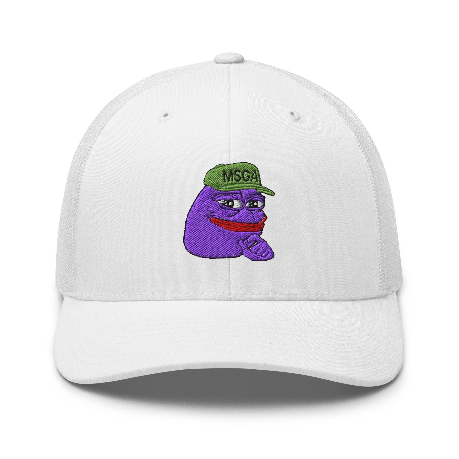 $PURPE Purple Pepe Embroidered Mesh Trucker Hat White Capital Crowns Crypto Funny Trucker Hats