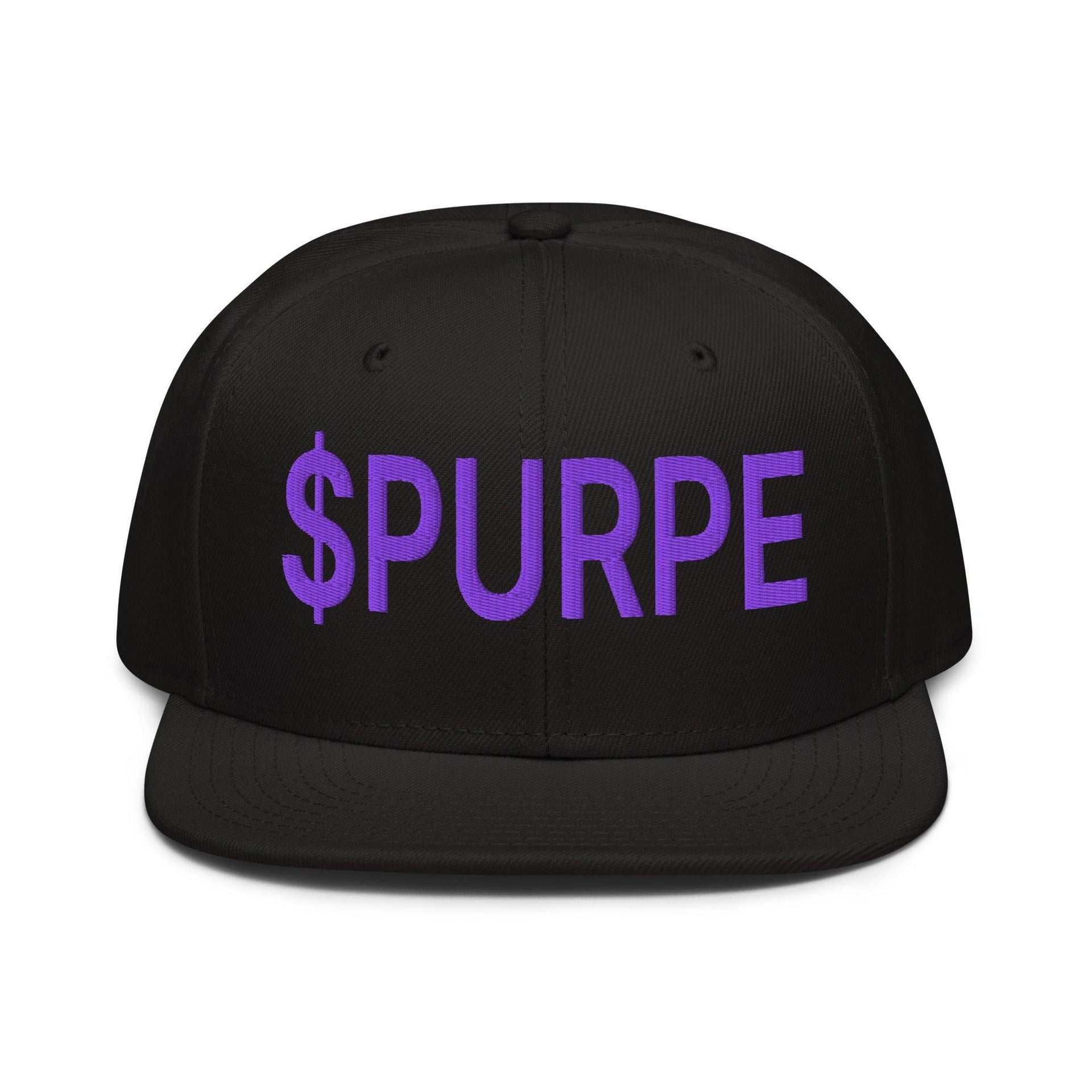 Purple Pepe $PURPE Embroidered Flat Bill Brim Snapback Hat Black Capital Crowns Crypto Funny Snapback Hats