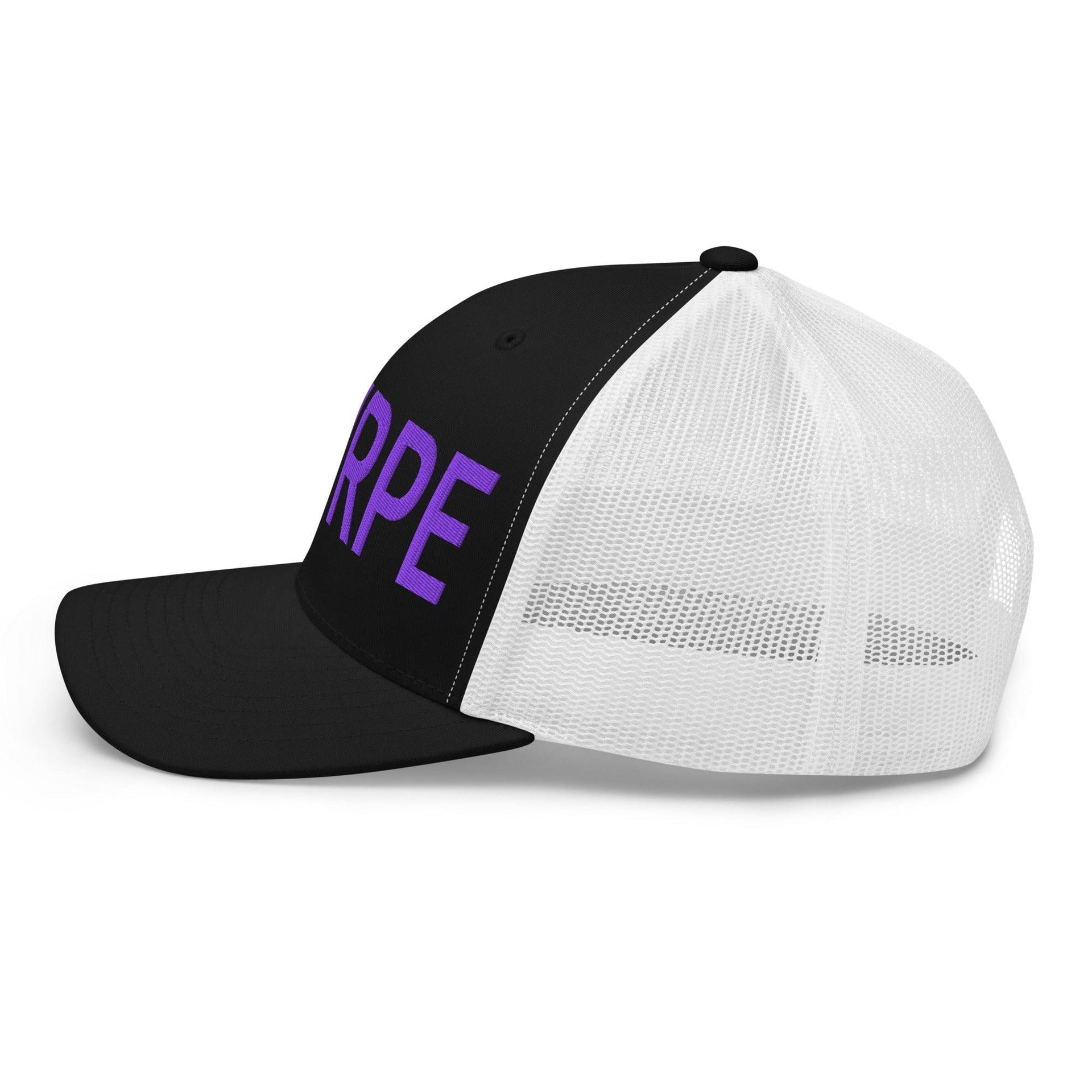 Purple Pepe $PURPE Embroidered Mesh Trucker Hat Capital Crowns Crypto Funny Trucker Hats