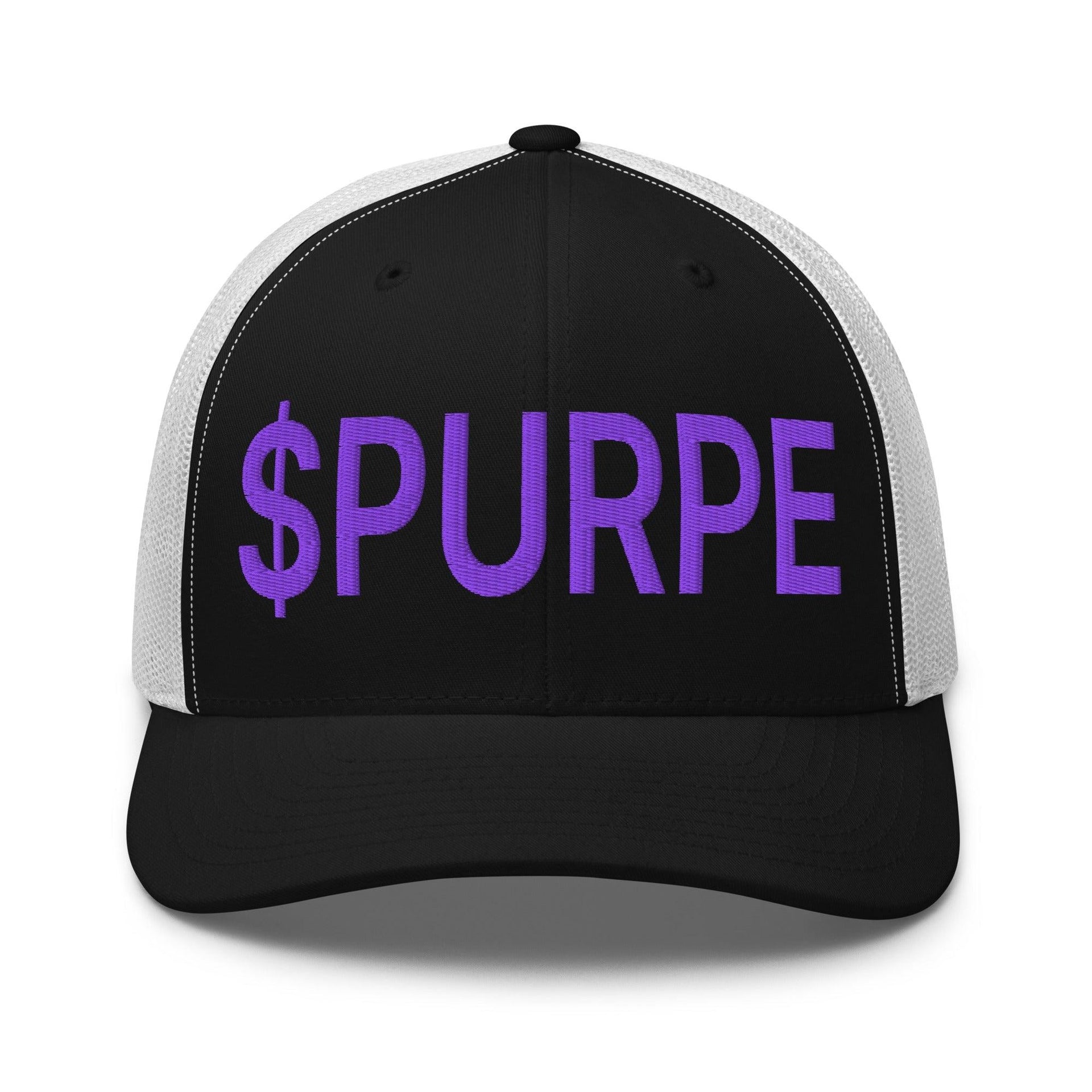 Purple Pepe $PURPE Embroidered Mesh Trucker Hat Black White Capital Crowns Crypto Funny Trucker Hats