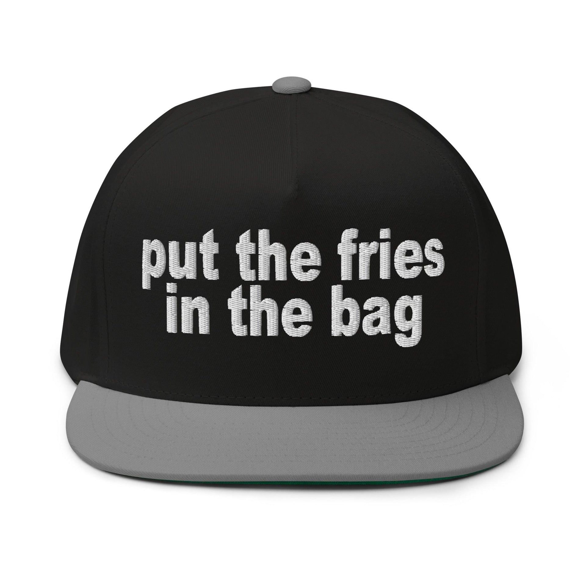 Put the Fries in the Bag Embroidered 5 Panel Flat Bill Brim Snapback Hat Black Grey Capital Crowns Funny Snapback Hats