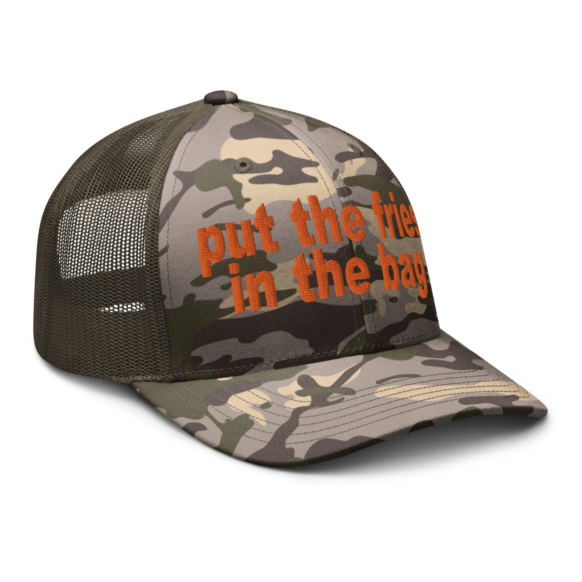 Put the Fries in the Bag Embroidered Orange Camo Trucker Hat Capital Crowns Funny Orange Camo Trucker Hats