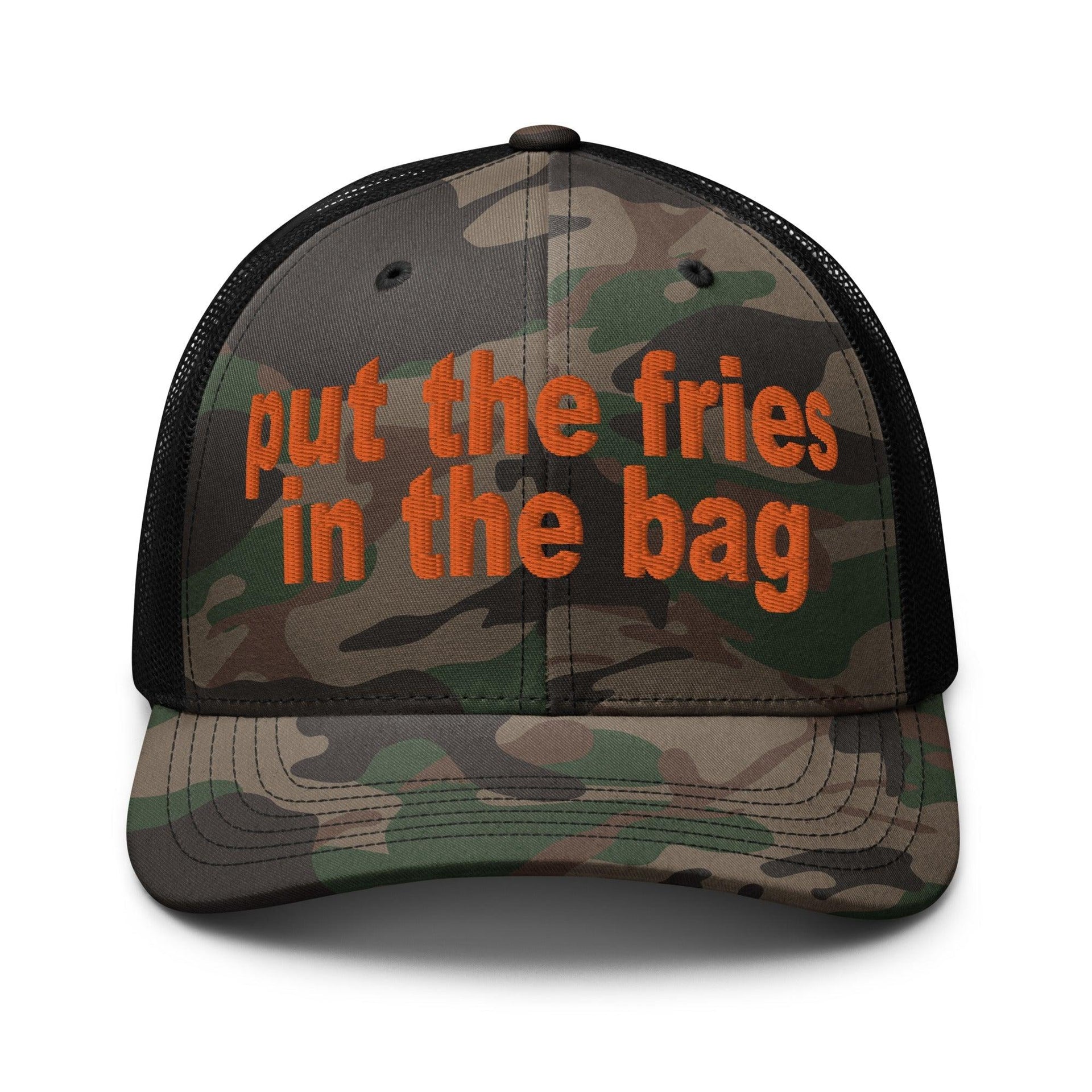 Put the Fries in the Bag Embroidered Orange Camo Trucker Hat Camo Black Capital Crowns Funny Orange Camo Trucker Hats