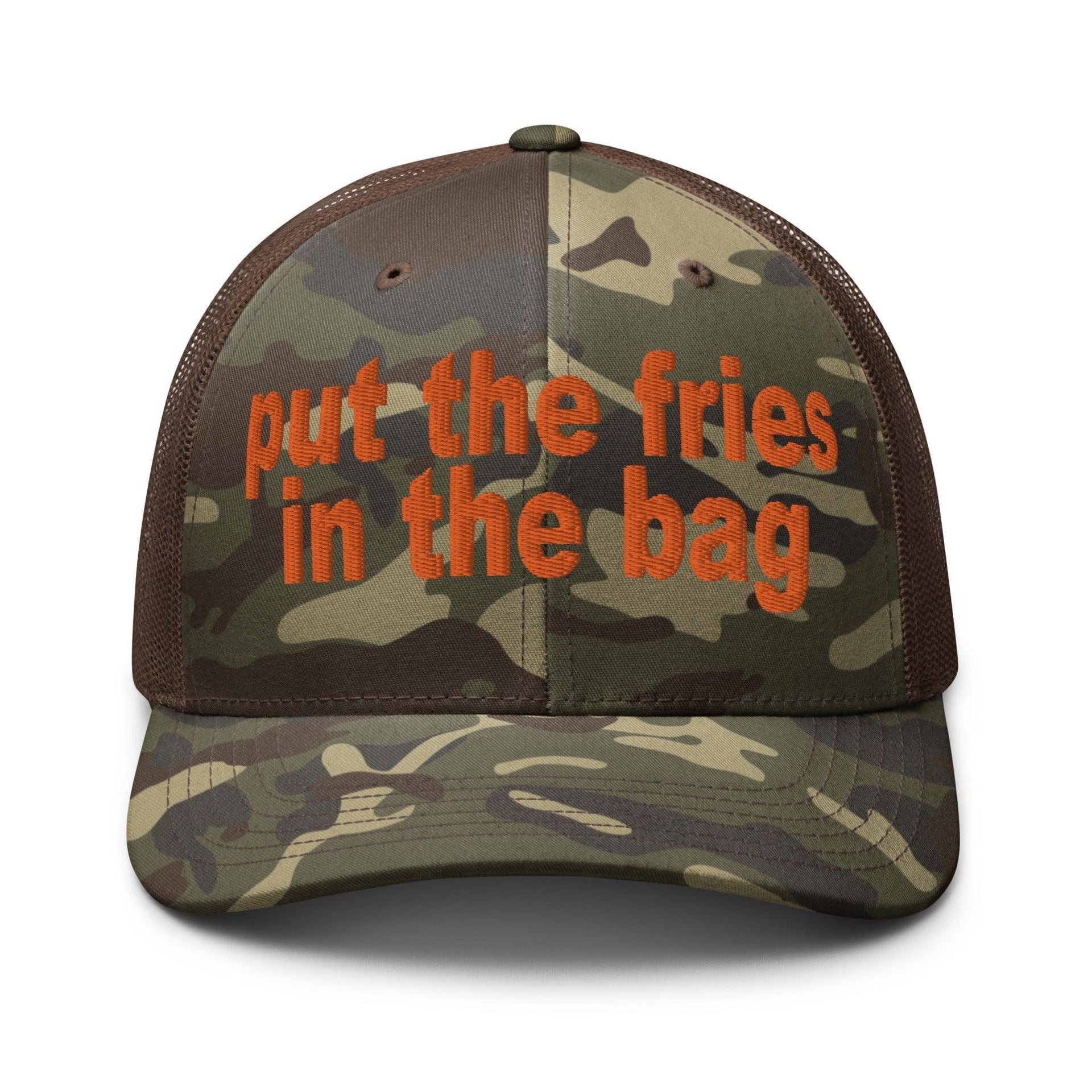 Put the Fries in the Bag Embroidered Orange Camo Trucker Hat Camo Brown Capital Crowns Funny Orange Camo Trucker Hats