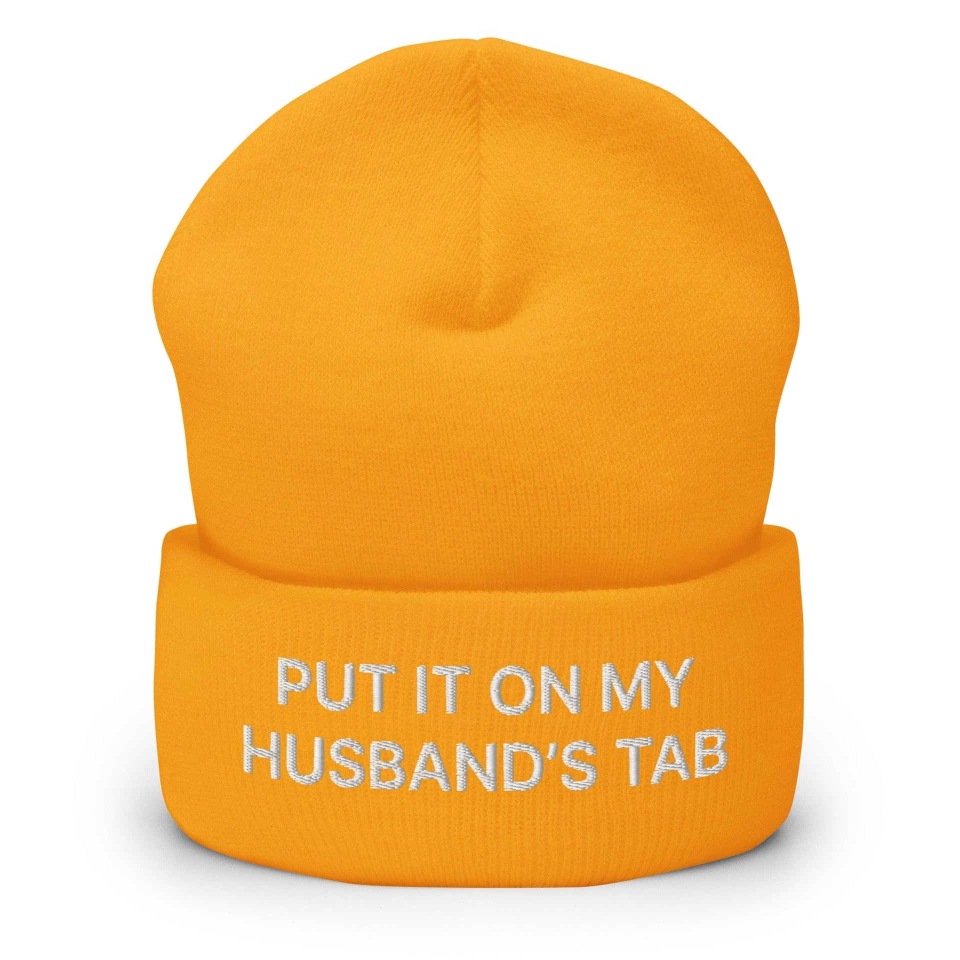 Put It on My Husband's Tab Embroidered Knit Cuffed Beanie Gold Beanies Capital Crowns Funny