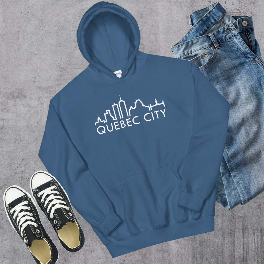 Quebec Skyline Hoodie Indigo Blue Canadian City Apparel Quebec