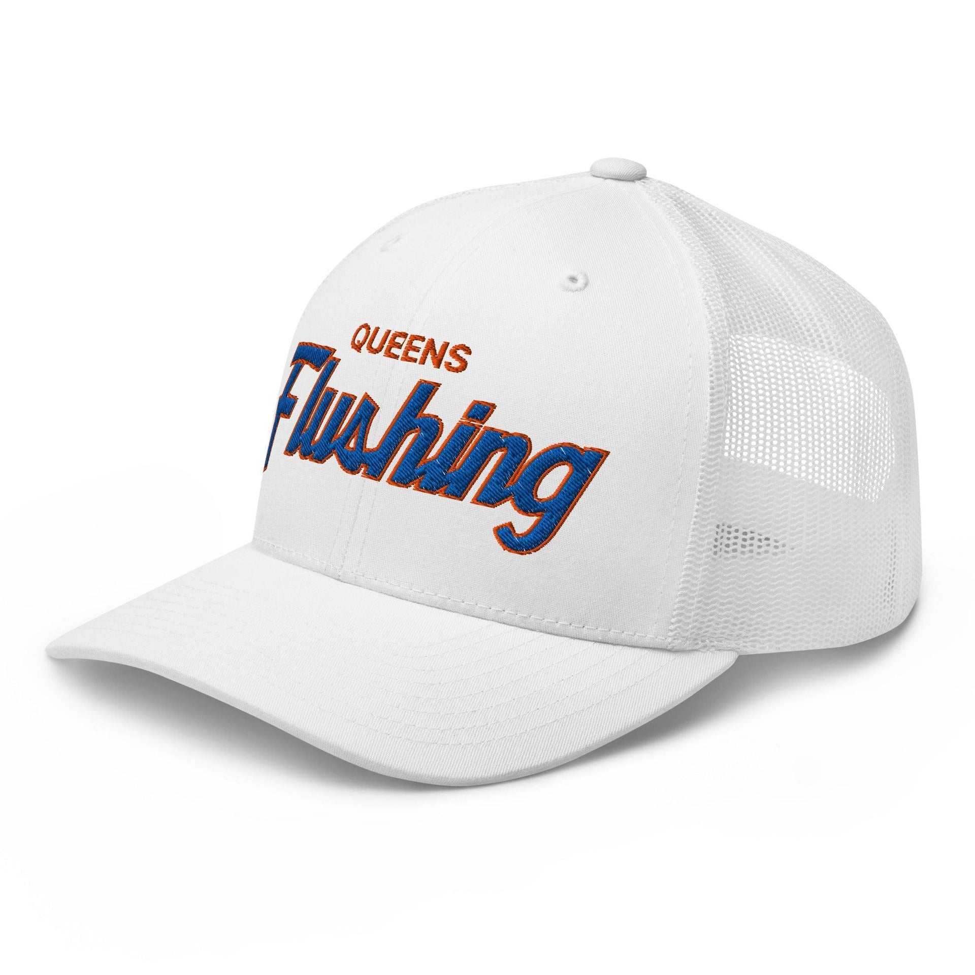 Queens Flushing NYC Vintage Sports Script Embroidered Mesh Trucker Hat Capital Crowns New York City NY NYC Trucker Hats