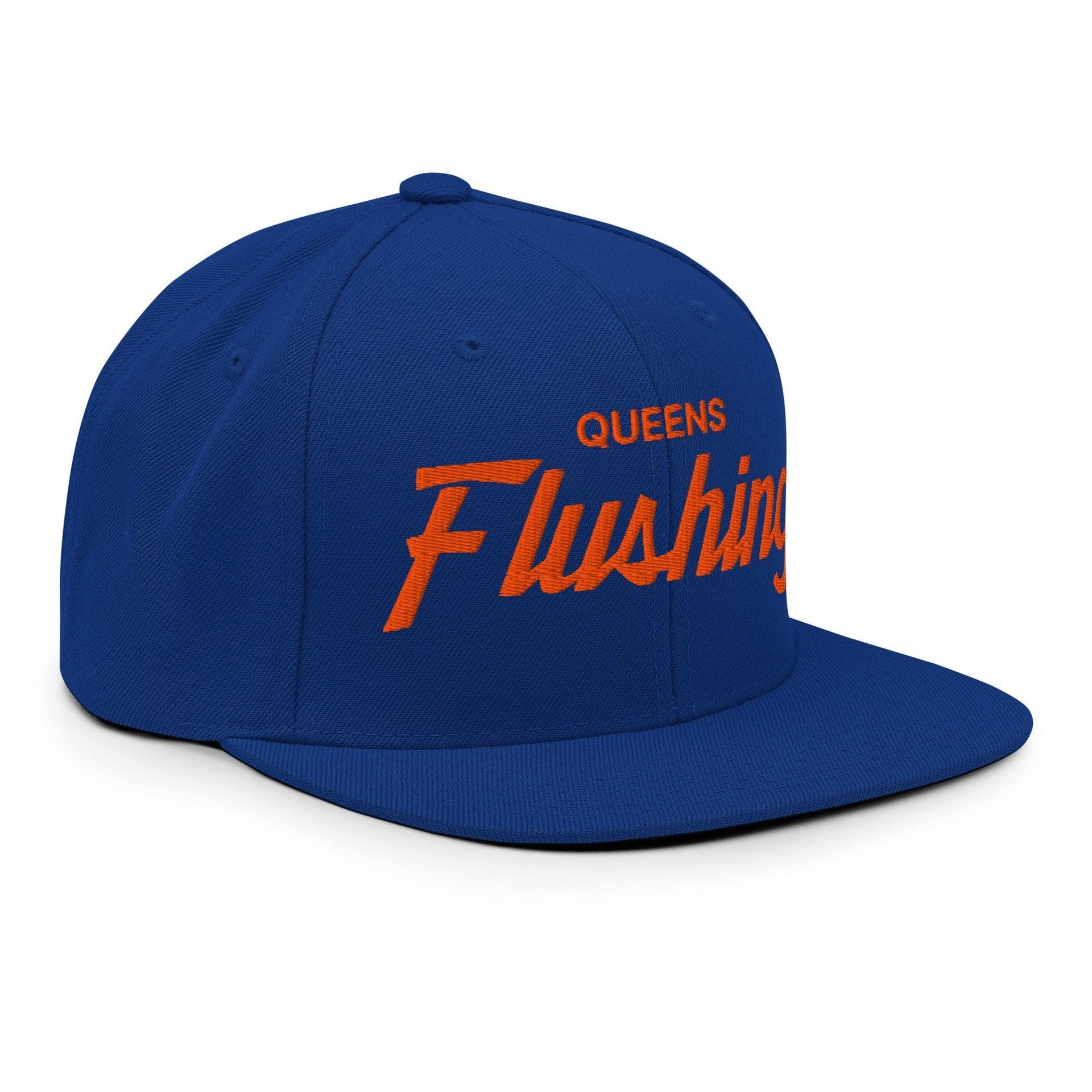 Queens Flushing NYC Vintage Sports Script Flat Bill Brim Snapback Hat Capital Crowns New York City NY NYC Snapback Hats