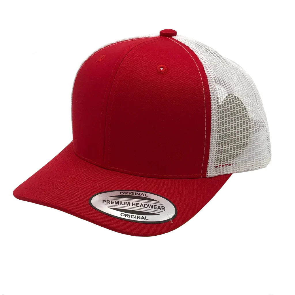 GNV-6606T - Premium Trucker Mesh Cap Red White ONE SIZE 6 PANELS CAP COTTON / POLYESTER CURVE headwear MESH mid profile nissi caps SNAPBACK STRUCTURED TRUCKER MESH UNISEX