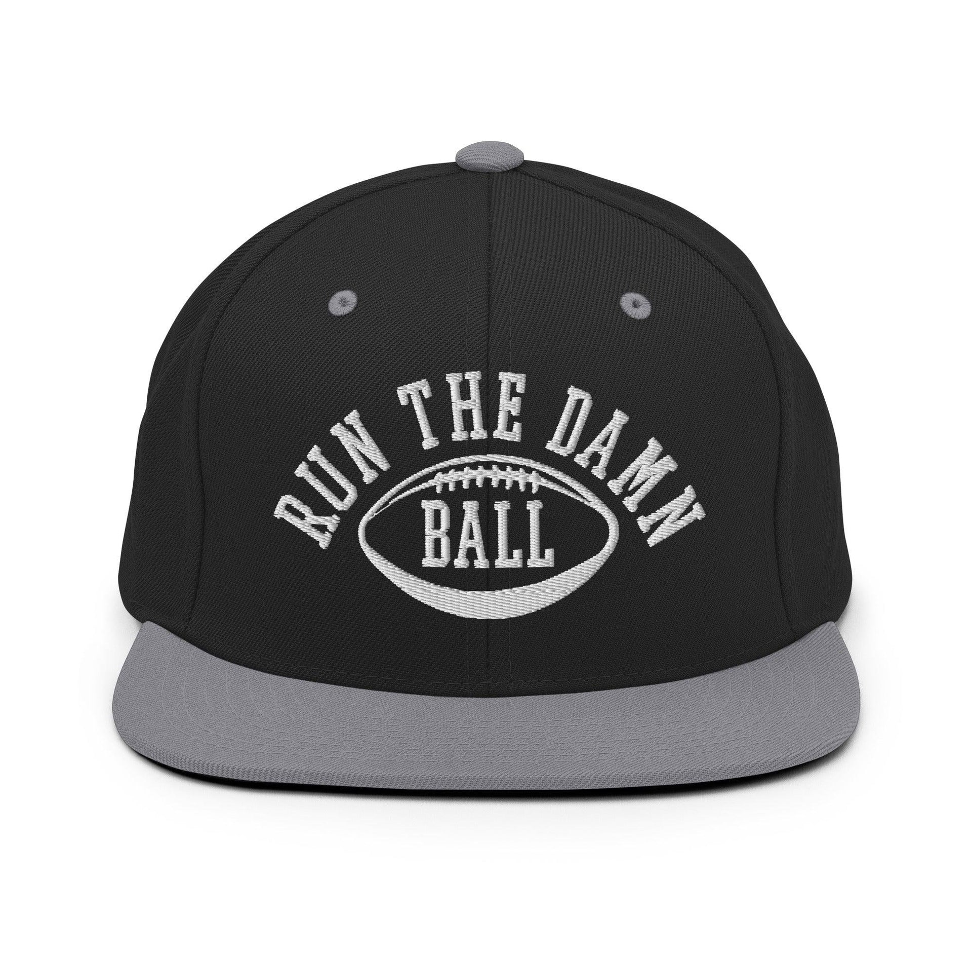 Run The Damn Ball Embroidered Flat Bill Brim Snapback Hat Black Silver Capital Crowns Football Snapback Hats
