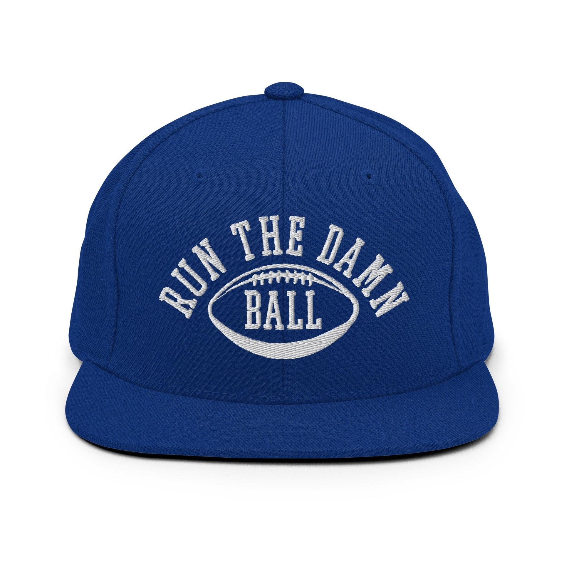 Run The Damn Ball Embroidered Flat Bill Brim Snapback Hat Royal Blue Capital Crowns Football Snapback Hats