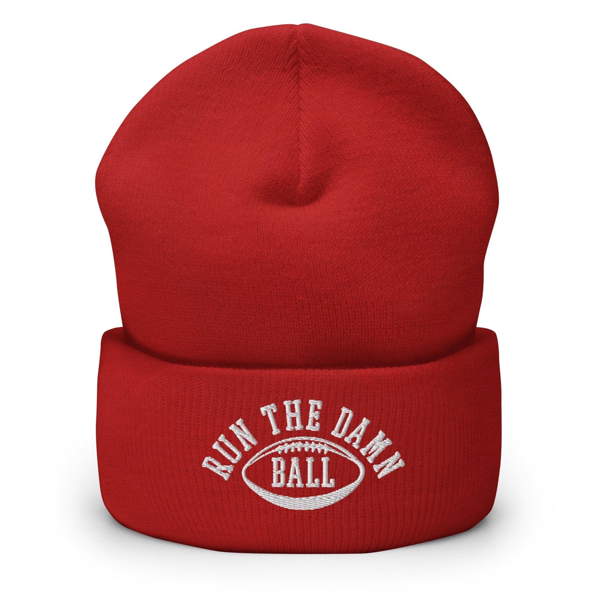 Run The Damn Ball Embroidered Knit Cuffed Beanie Red Beanies Capital Crowns Football