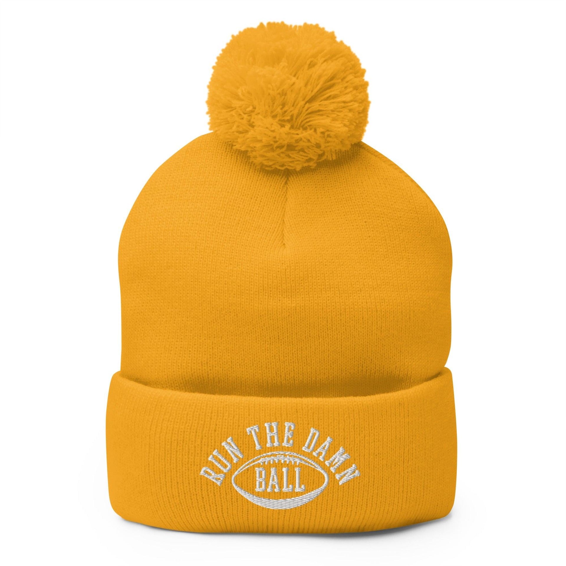 Run The Damn Ball Embroidered Knit Pom Pom Beanie Gold Beanies Capital Crowns Football