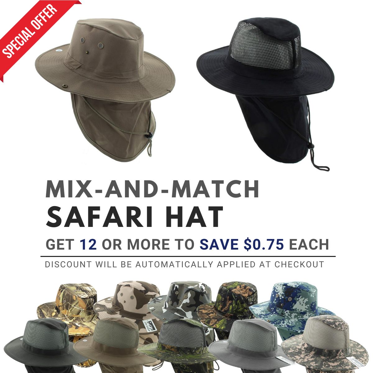 Safari Hat with Neck Cover, Mesh, Various Colours & Sizes Dozen Special Summer Hat