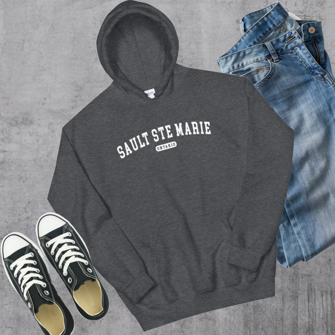 Sault Ste Marie ON College Hoodie Dark Heather Canadian City Apparel
