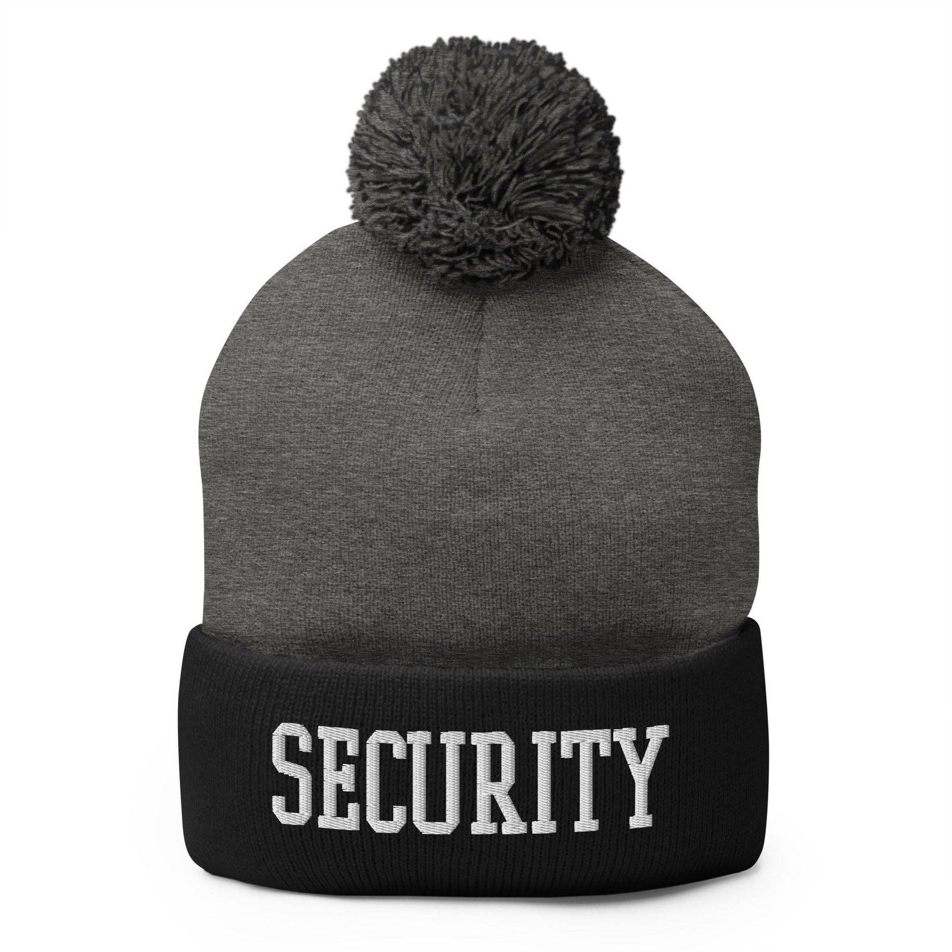 Security Uniform Work Block Embroidered Knit Pom Pom Beanie Dark Heather Grey Black Beanies Capital Crowns Security Work