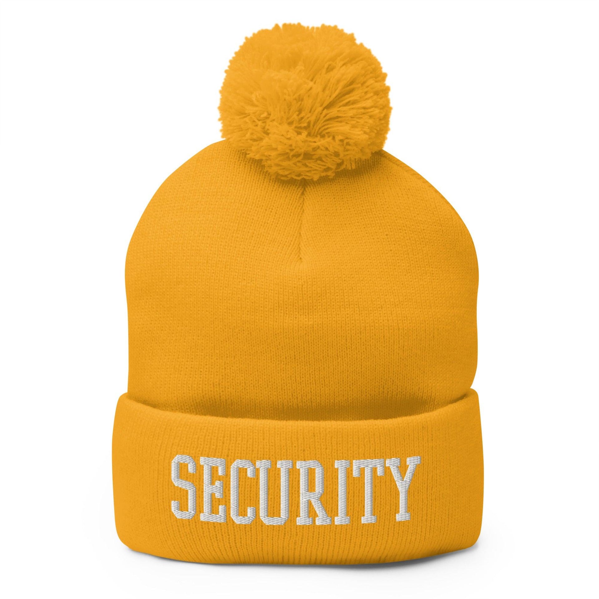 Security Uniform Work Block Embroidered Knit Pom Pom Beanie Gold Beanies Capital Crowns Security Work