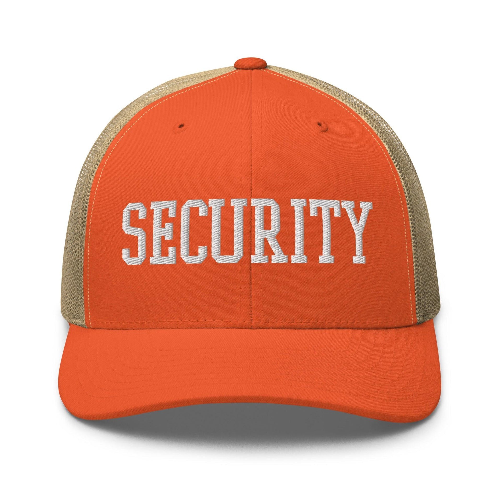 Security Uniform Work Block Embroidered Mesh Trucker Hat Rustic Orange Khaki Capital Crowns Security Trucker Hats Work