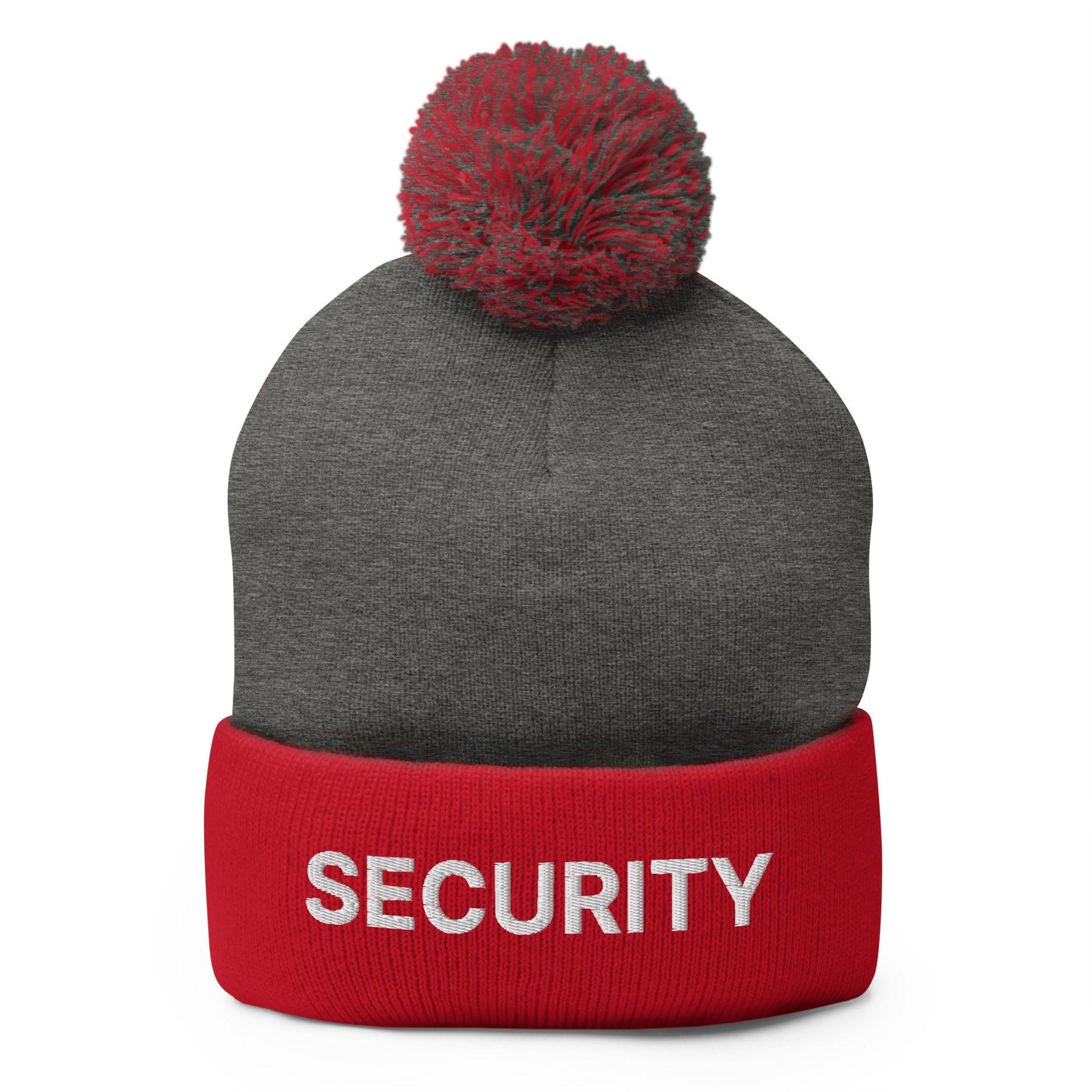 Security Uniform Work Embroidered Knit Pom Pom Beanie Dark Heather Grey Red Beanies Capital Crowns Security Work